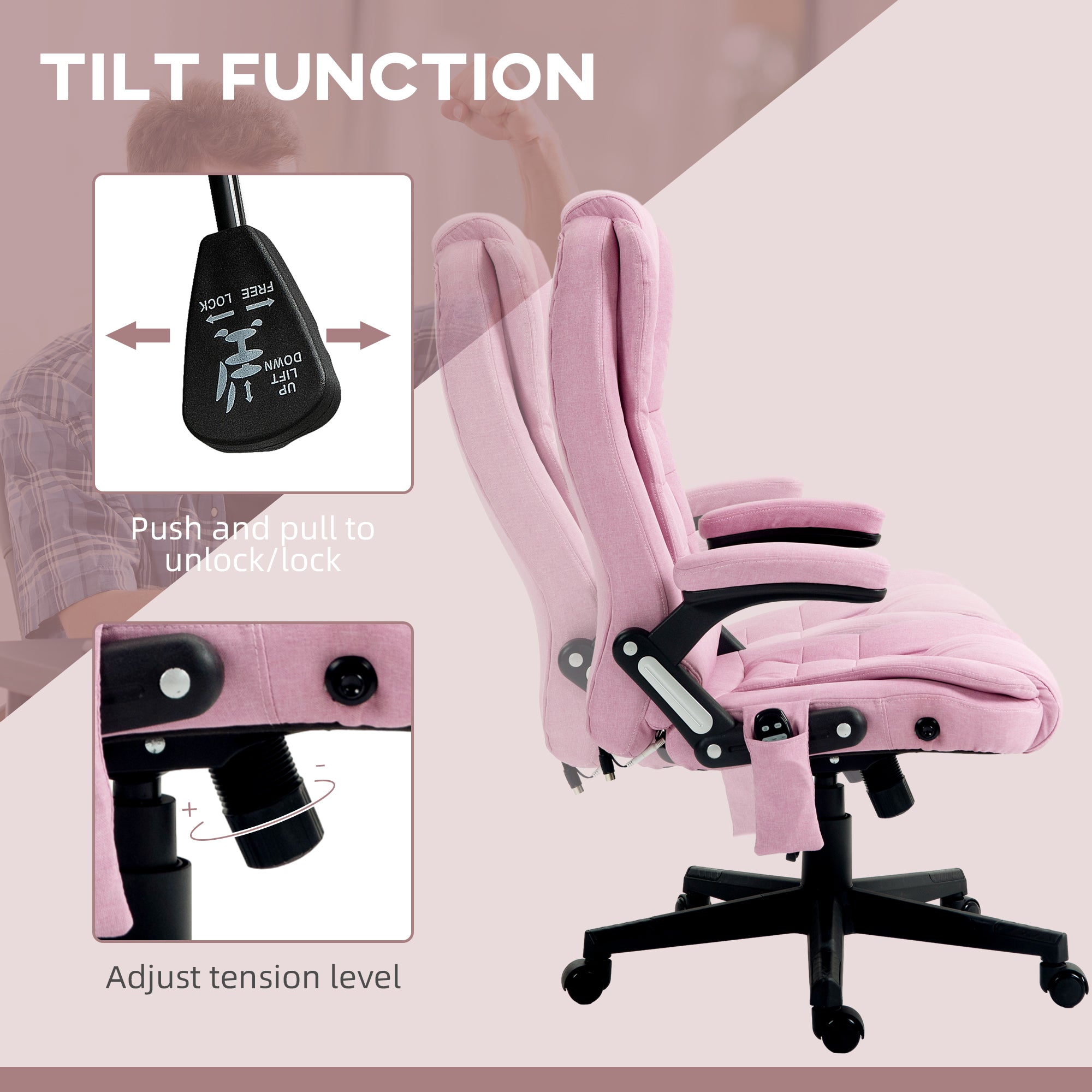 6 Points Heated Massage Office Chair, Linen High Back Executive Office Chair, Pink