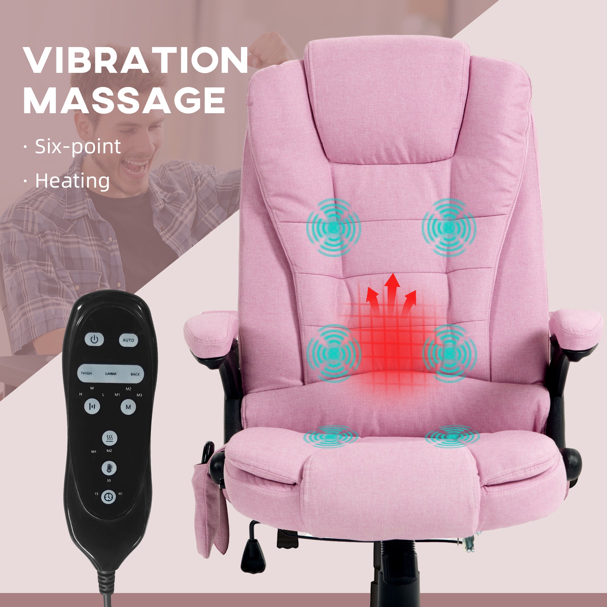 6 Points Heated Massage Office Chair, Linen High Back Executive Office Chair, Pink