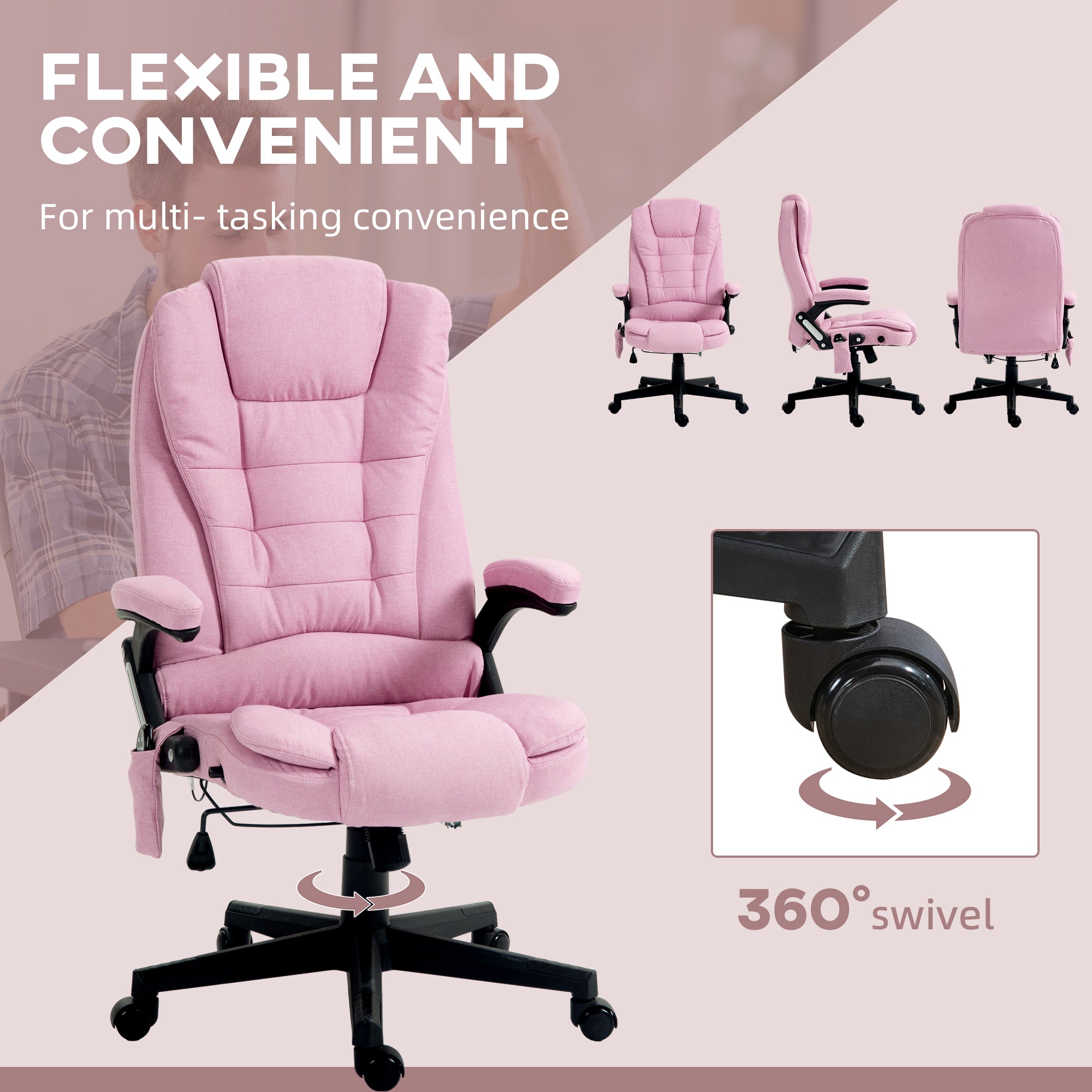 6 Points Heated Massage Office Chair, Linen High Back Executive Office Chair, Pink