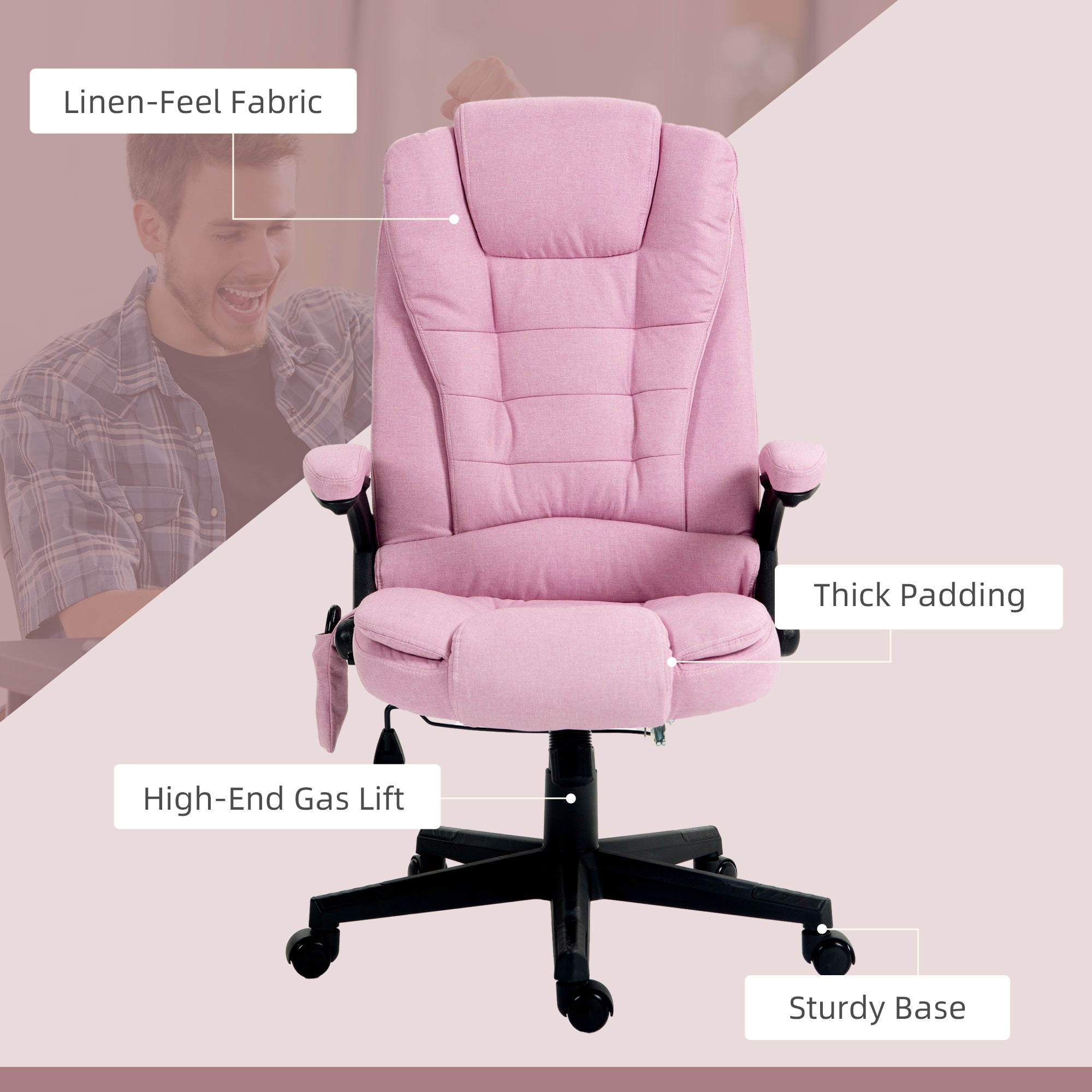 6 Points Heated Massage Office Chair, Linen High Back Executive Office Chair, Pink