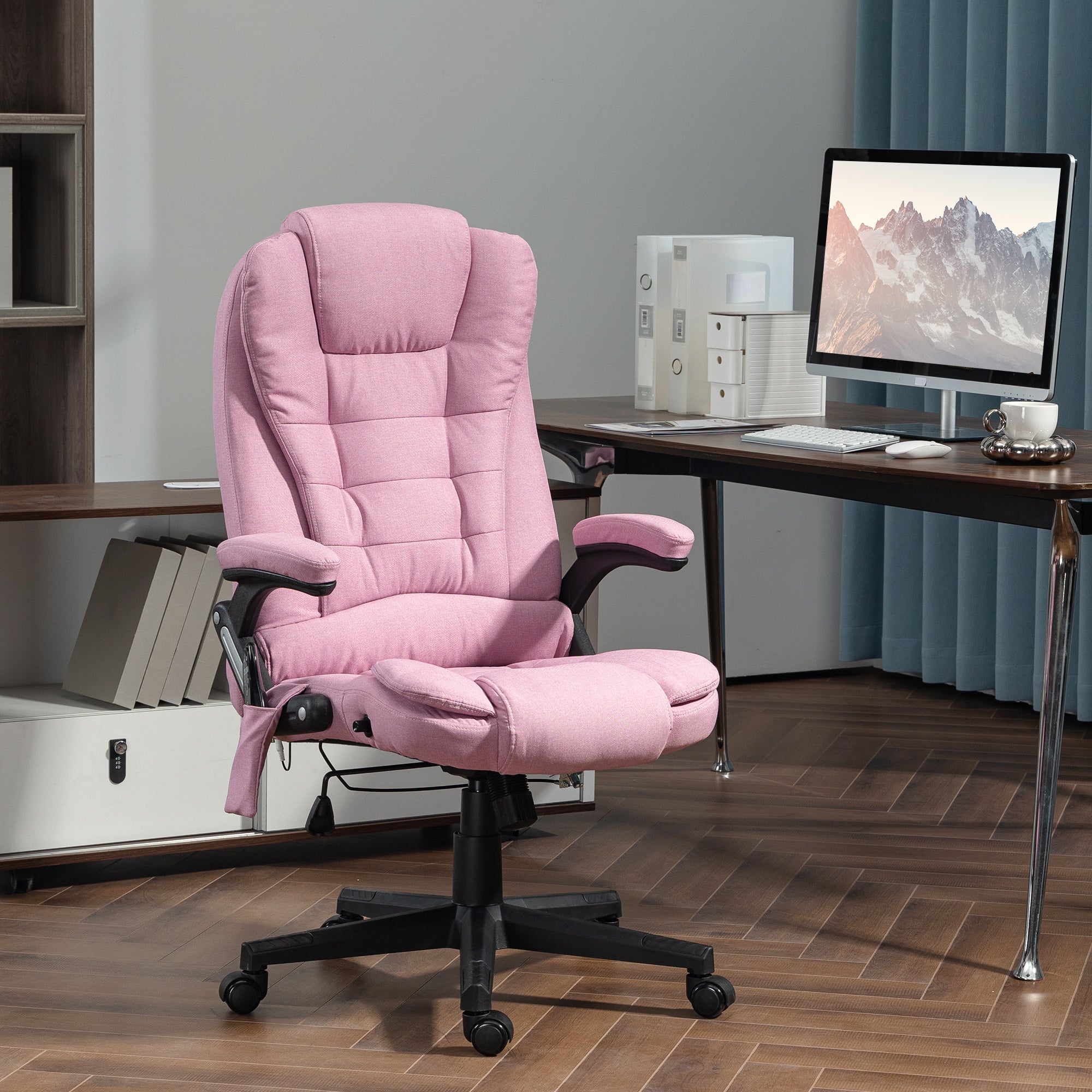 6 Points Heated Massage Office Chair, Linen High Back Executive Office Chair, Pink