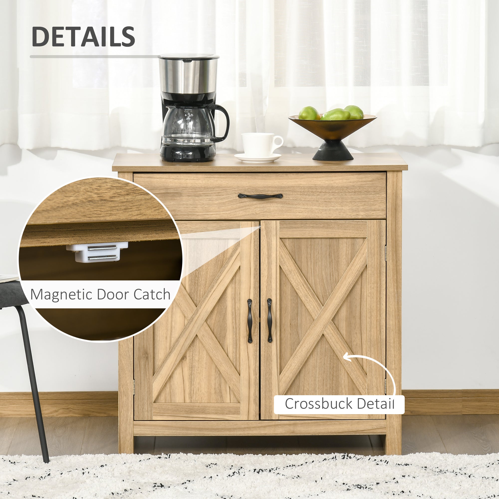 Farmhouse Sideboard Cabinet with Barn Doors, Drawer & Adjustable Shelf, Natural Wood Effect - HOMCOM
