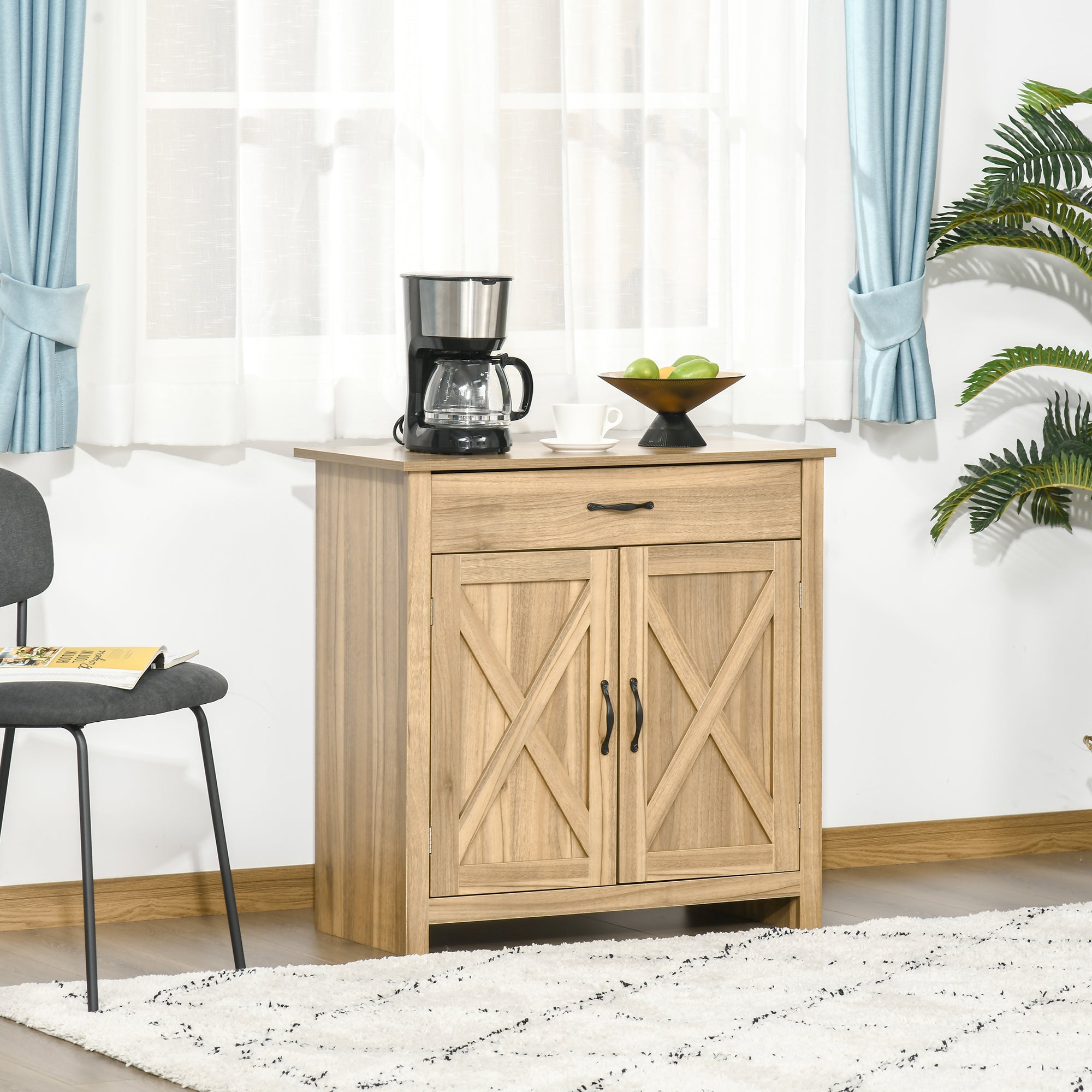 Farmhouse Sideboard Cabinet with Barn Doors, Drawer & Adjustable Shelf, Natural Wood Effect - HOMCOM