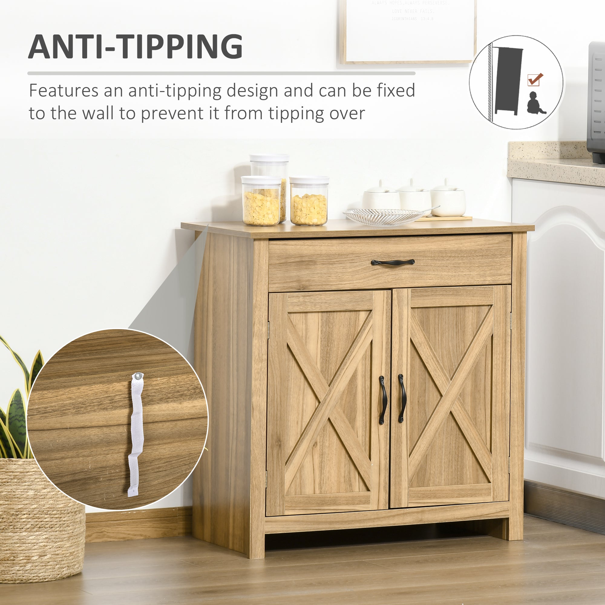 Farmhouse Sideboard Cabinet with Barn Doors, Drawer & Adjustable Shelf, Natural Wood Effect - HOMCOM