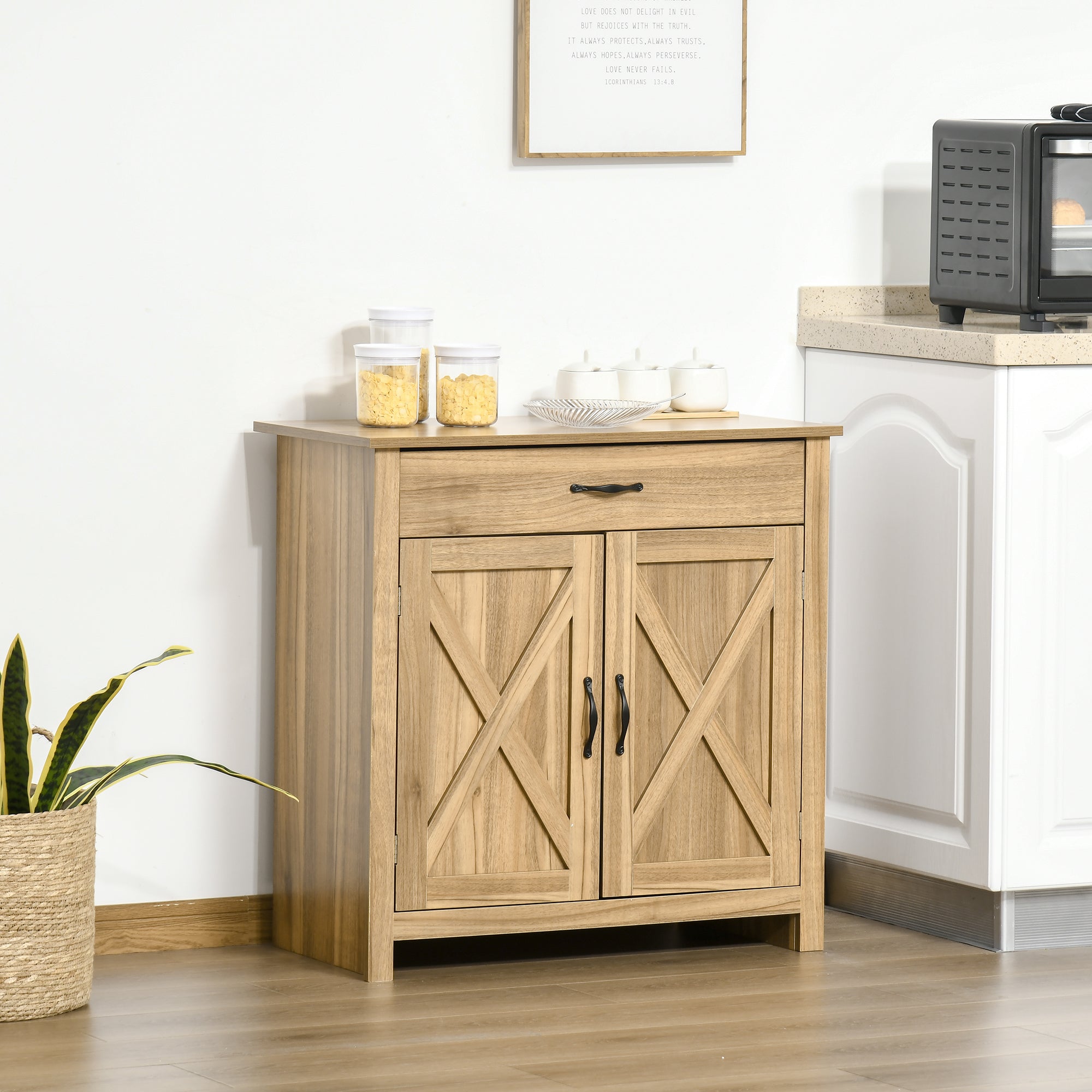 Farmhouse Sideboard Cabinet with Barn Doors, Drawer & Adjustable Shelf, Natural Wood Effect - HOMCOM