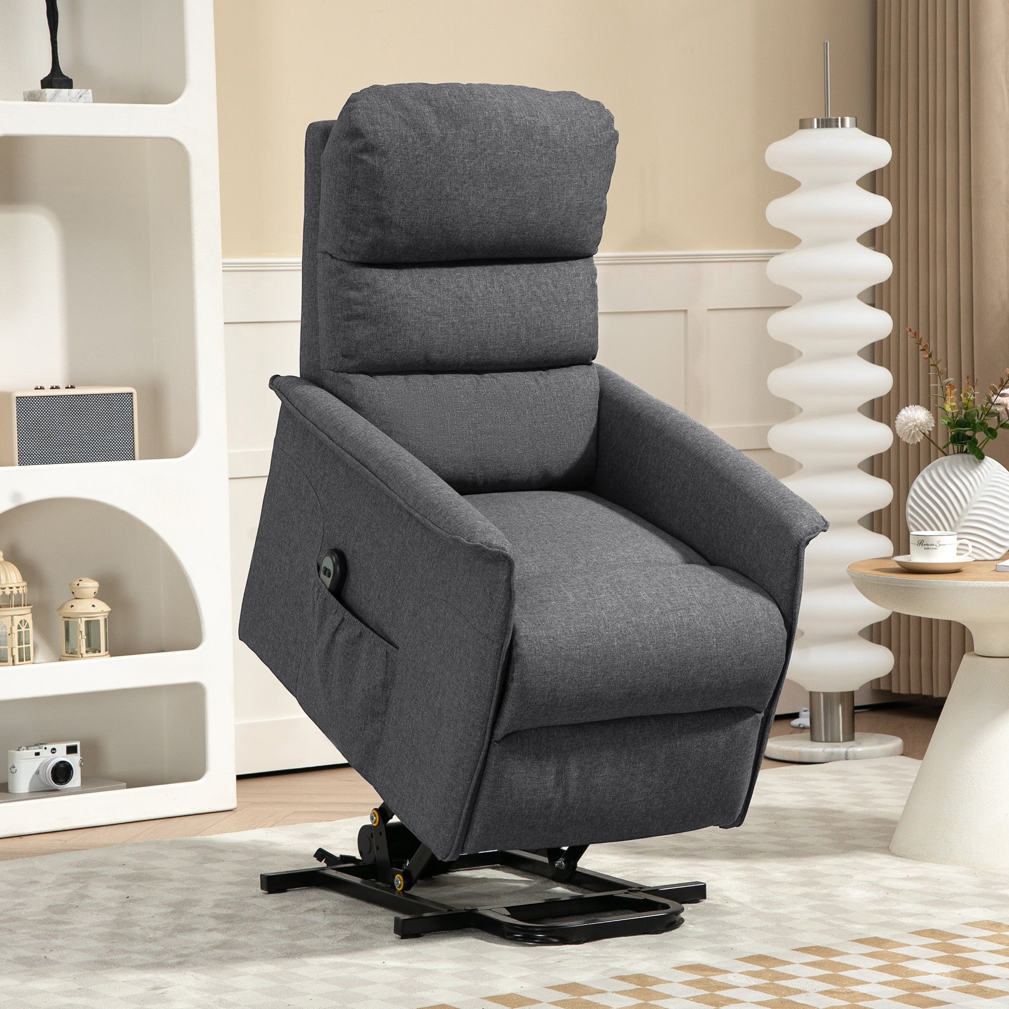 HOMCOM Power Lift Recliner Armchair, Electric Lift Chair for Elderly, Fabric Riser and Reclining Chair with Remote Control, Side Pockets, Extended Footrest, for Living Room, Dark Grey