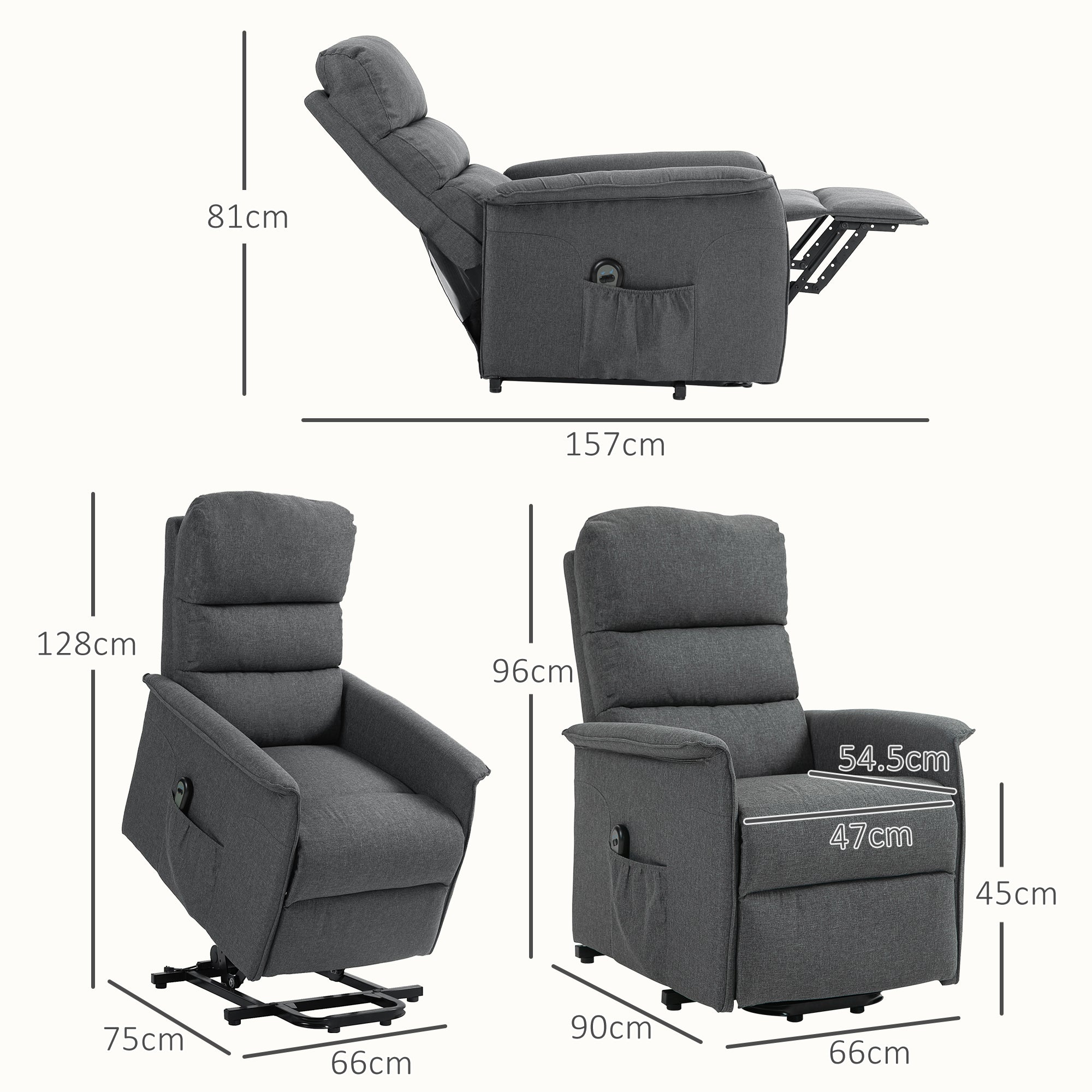 HOMCOM Power Lift Recliner Armchair, Electric Lift Chair for Elderly, Fabric Riser and Reclining Chair with Remote Control, Side Pockets, Extended Footrest, for Living Room, Dark Grey