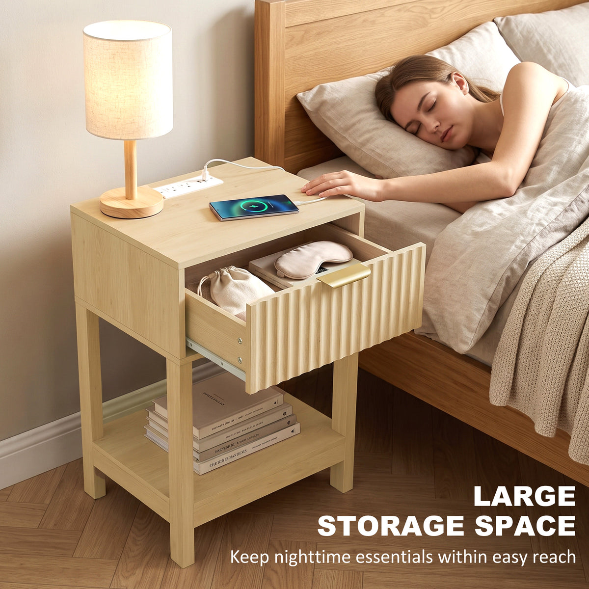 Modern Nightstand Set of 2, Slim Bedside Table with Drawer, Open Shelf and Charging Station, Night Stand with AC Power Outlets, USB and Type-C Port for Bedroom, Oak