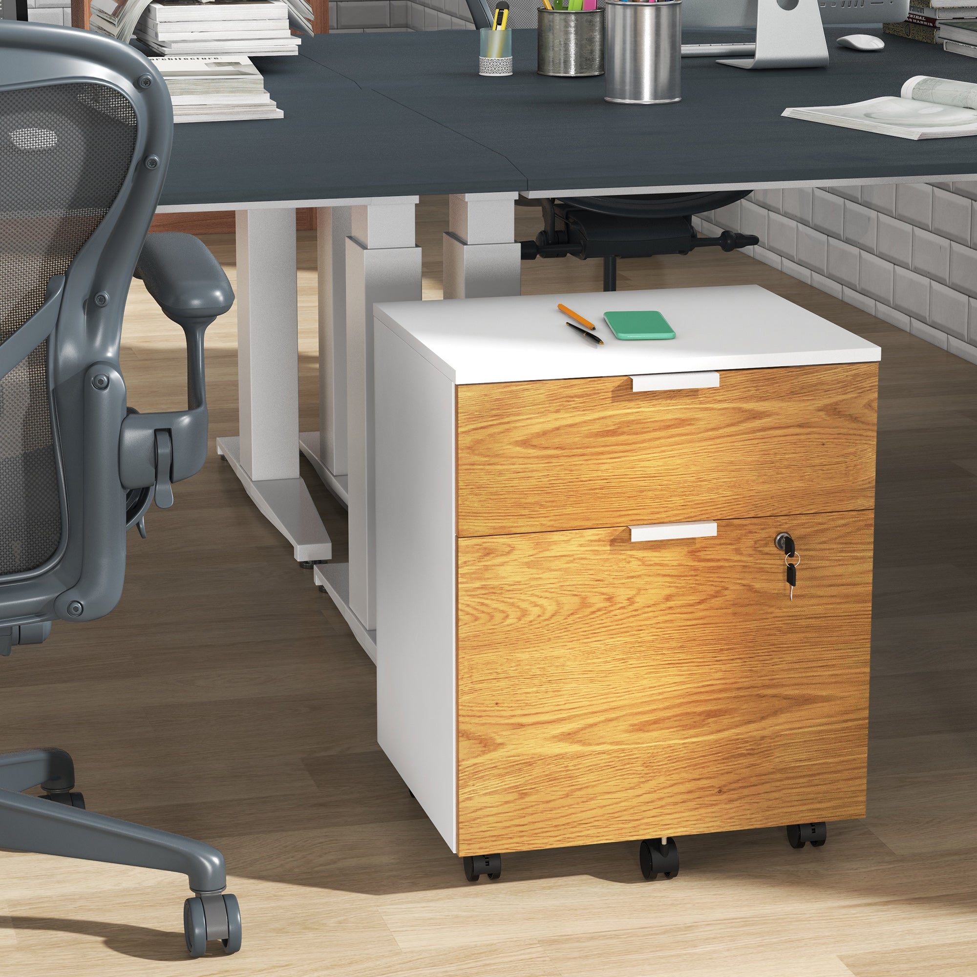 HOMCOM 2 Drawer File Cabinet, Lockable Filing Cabinet on Wheels with Adjustable Hanging Bars for A4, Legal and Letter for Home Office, White and Nature Wood