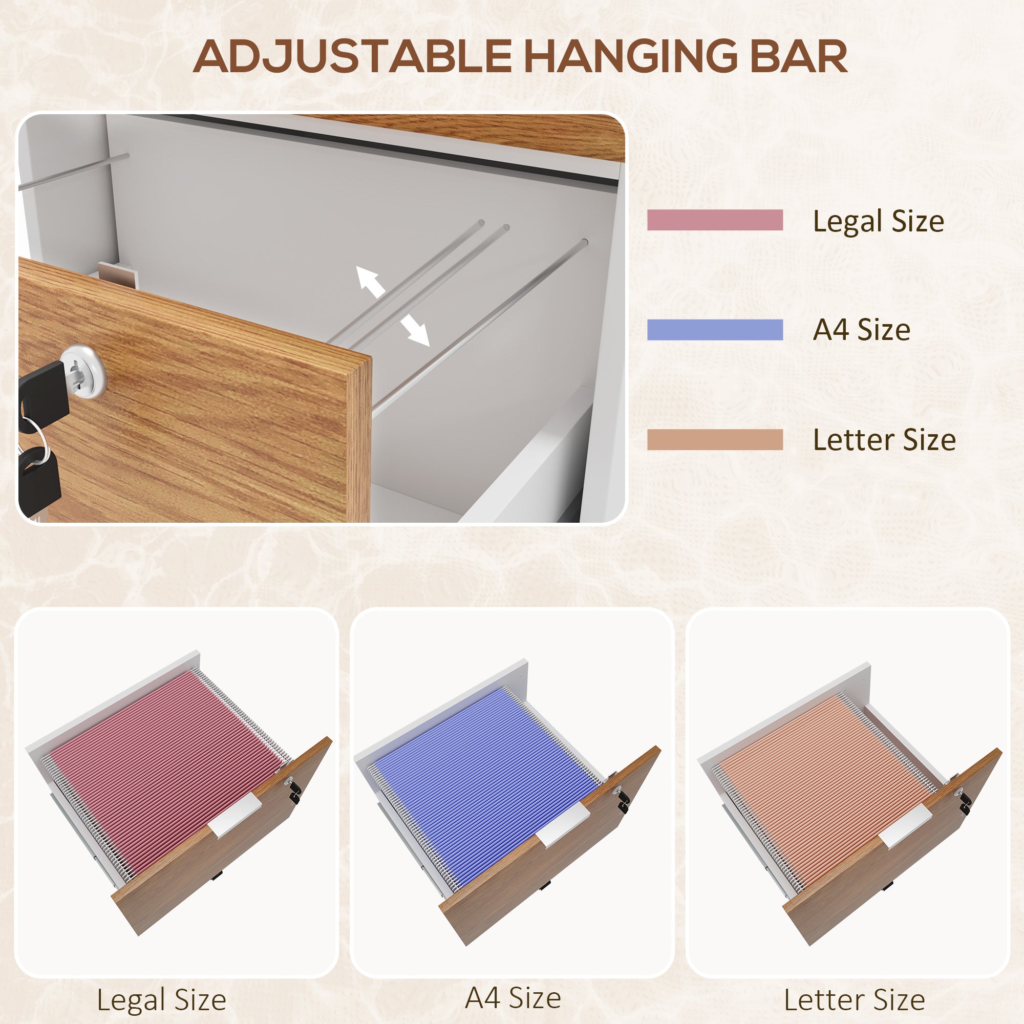 HOMCOM 2 Drawer File Cabinet, Lockable Filing Cabinet on Wheels with Adjustable Hanging Bars for A4, Legal and Letter for Home Office, White and Nature Wood