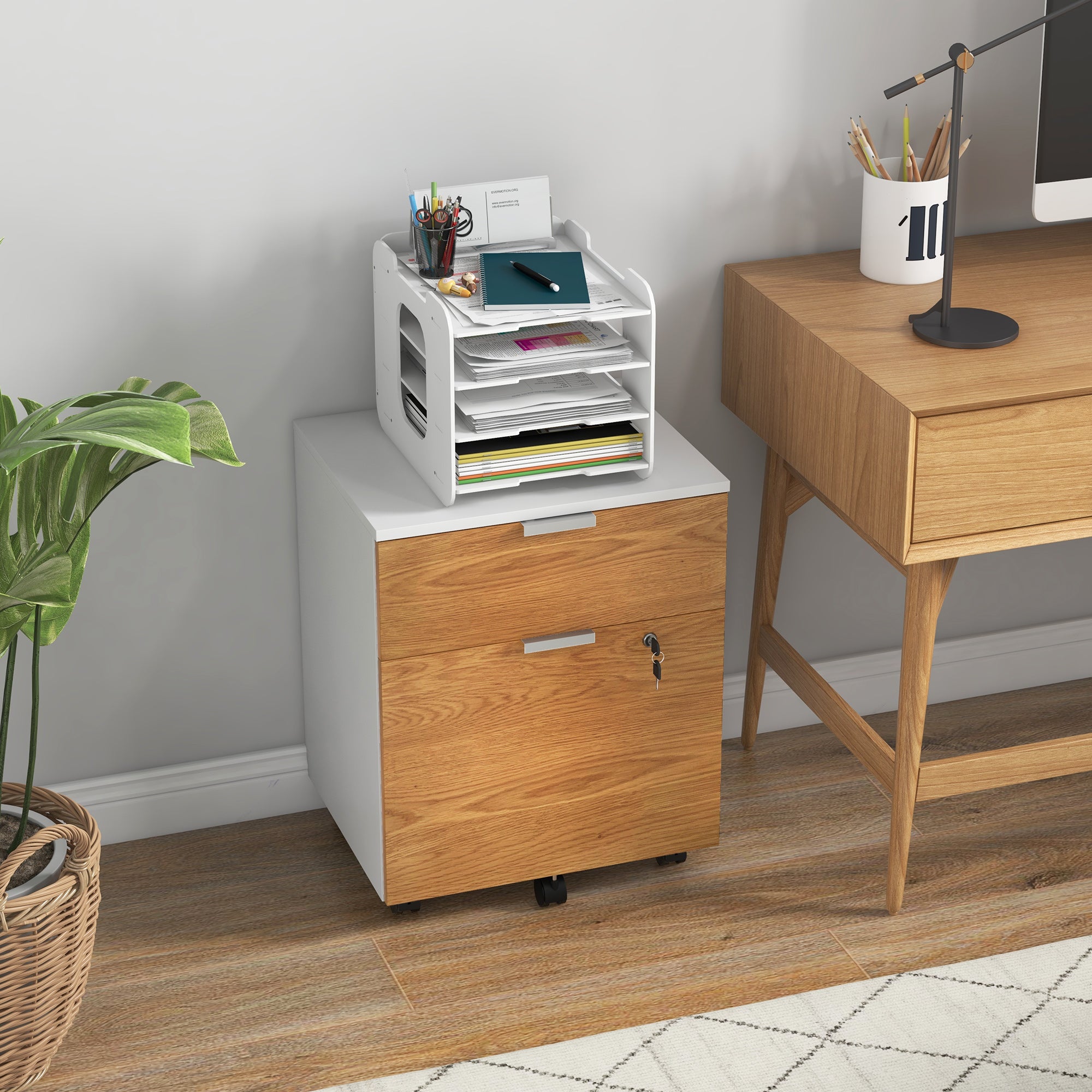 HOMCOM 2 Drawer File Cabinet, Lockable Filing Cabinet on Wheels with Adjustable Hanging Bars for A4, Legal and Letter for Home Office, White and Nature Wood