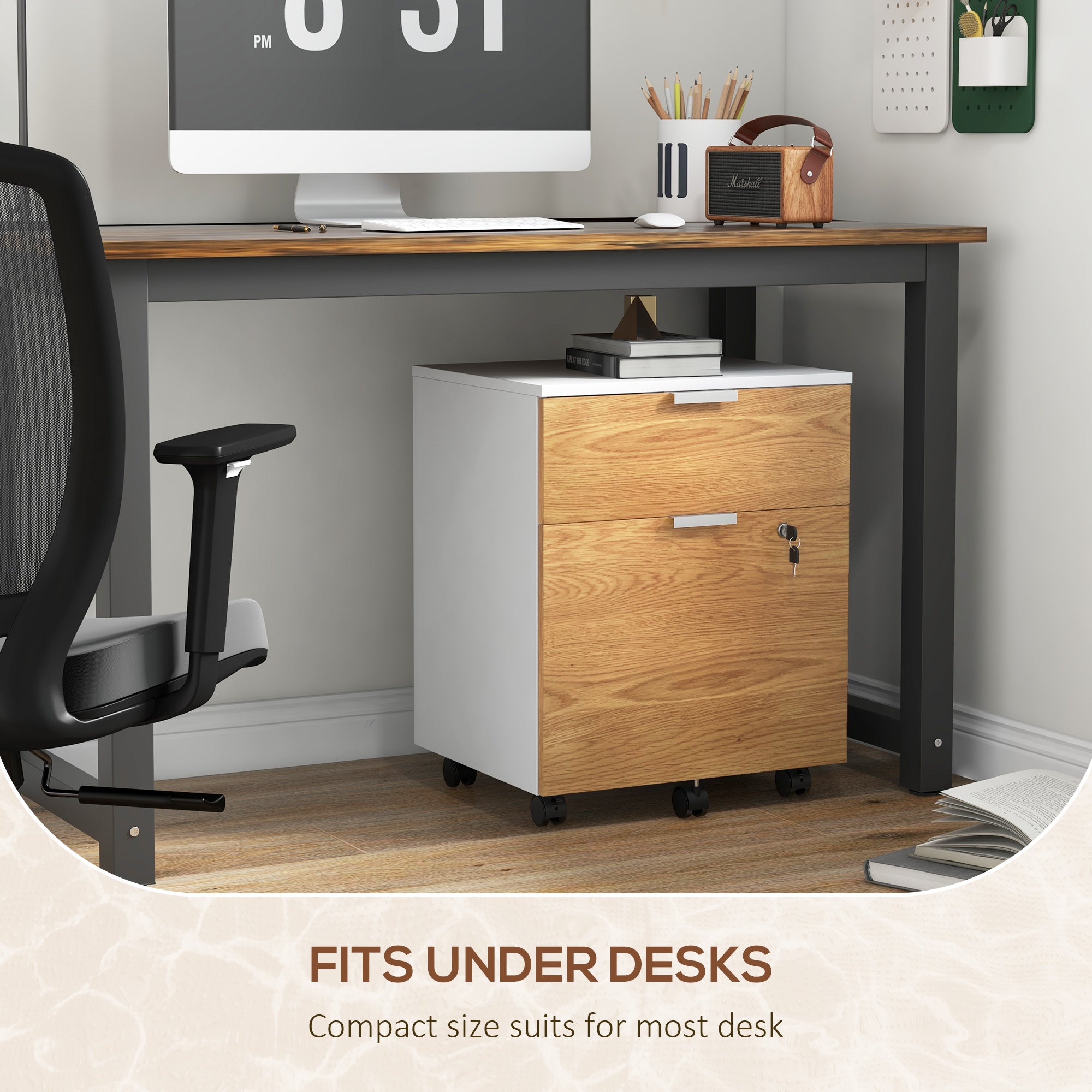 HOMCOM 2 Drawer File Cabinet, Lockable Filing Cabinet on Wheels with Adjustable Hanging Bars for A4, Legal and Letter for Home Office, White and Nature Wood