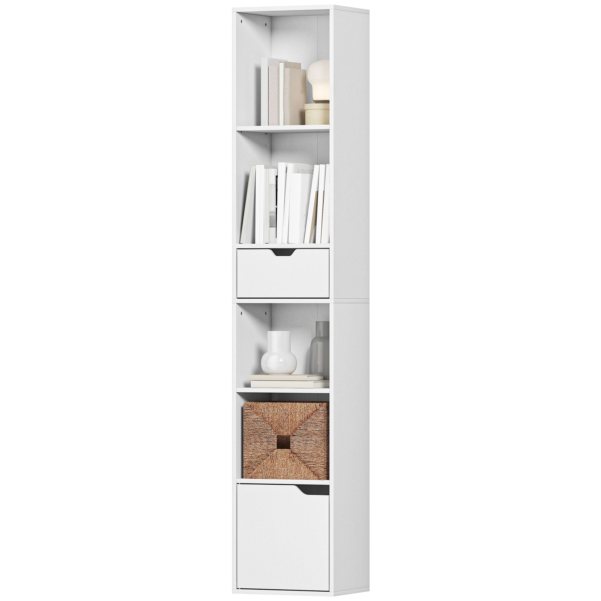 6-Tier Bookshelf, Tall Narrow Bookcase with Drawer, Door, Adjustable Shelf, Modern Display Standing Shelf Unit for Living Room, Home Office, Bedroom, White