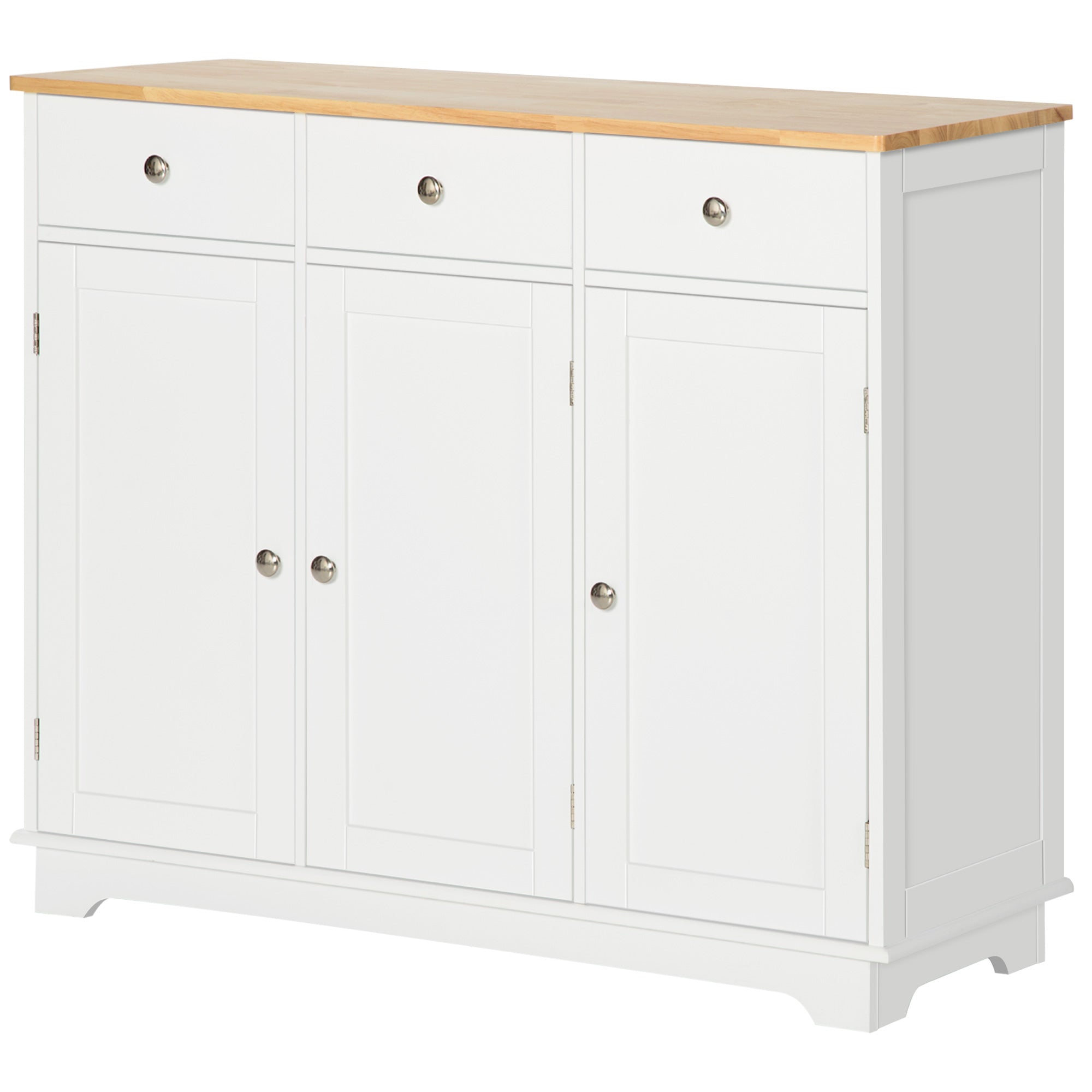 HOMCOM Modern Sideboard with Rubberwood Top, Buffet Cabinet with Storage Cabinets, Drawers and Adjustable Shelves for Living Room, Kitchen, White