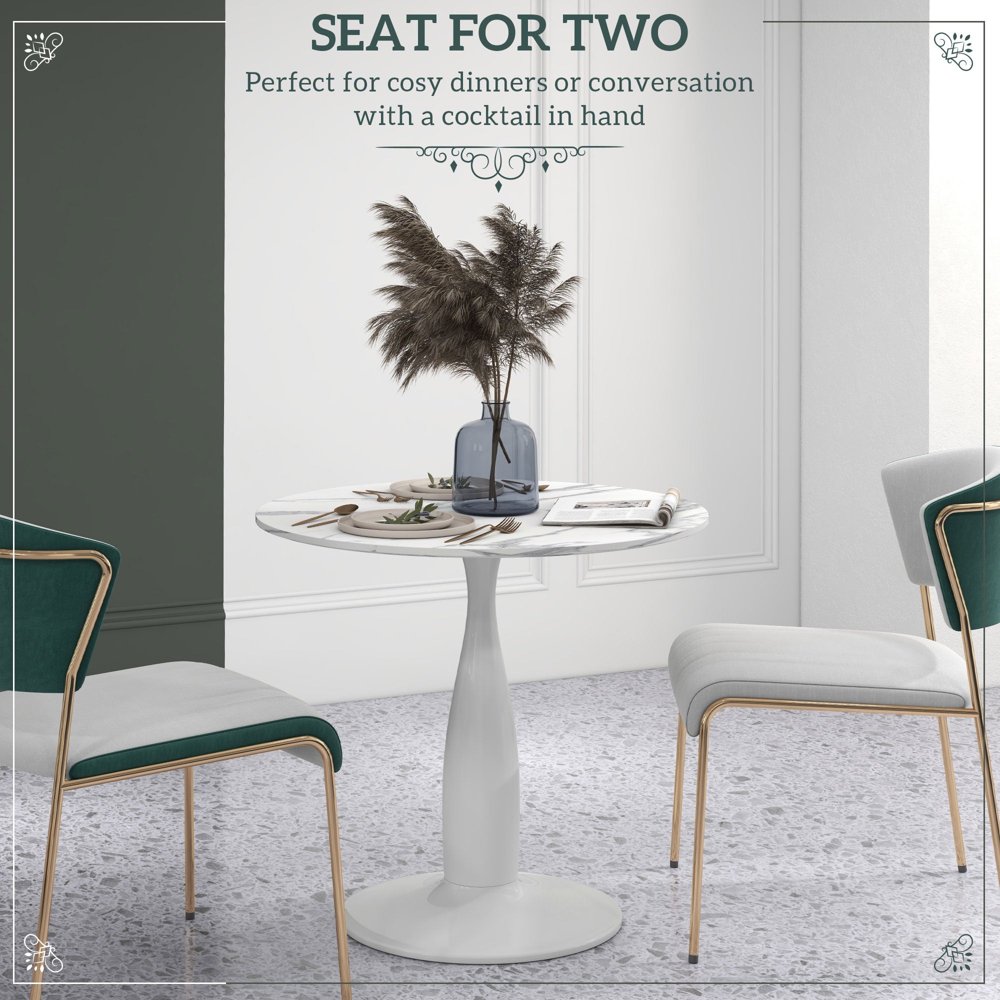 HOMCOM Round Dining Table for 2, Modern Kitchen Table with Steel Base, Non-slip Foot Pad for Living Room, Dining Room, Faux Marbled White