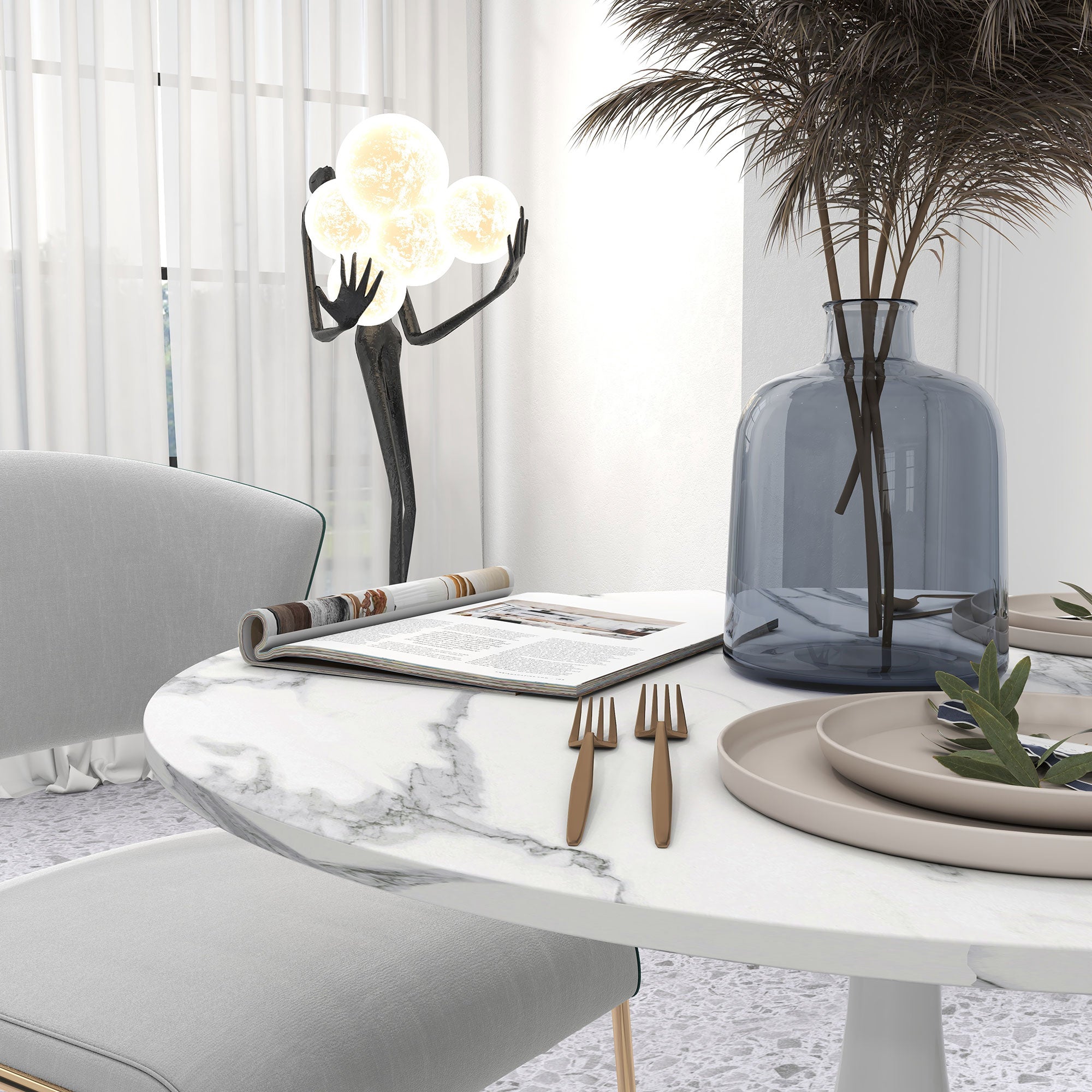 HOMCOM Round Dining Table for 2, Modern Kitchen Table with Steel Base, Non-slip Foot Pad for Living Room, Dining Room, Faux Marbled White