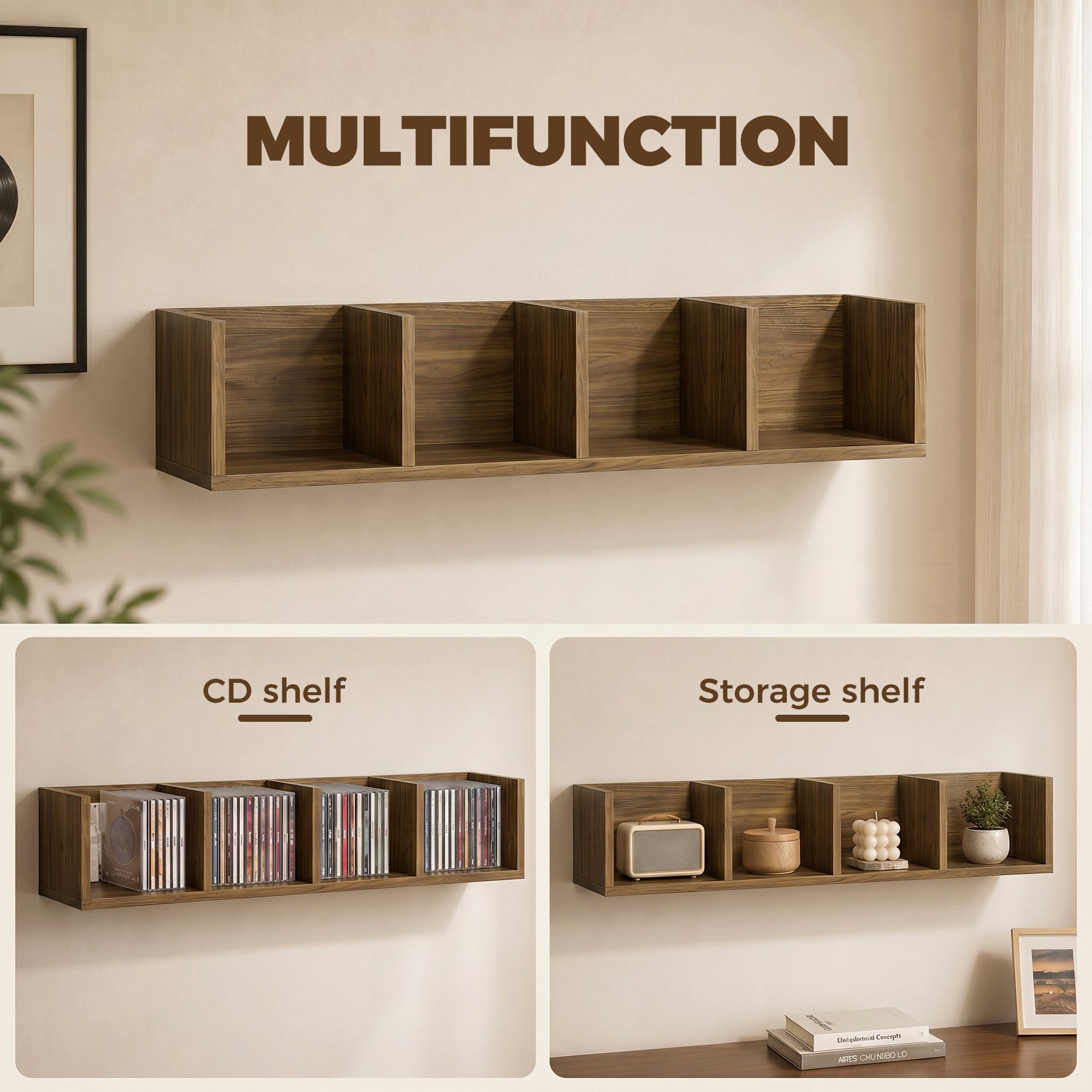 Wall Mount 84 CD / 56 DVD/Blu-ray/ Media Storage Rack 4 Cubes Wooden Shelf Organizer Unit Bookcase Display, Walnut Brown