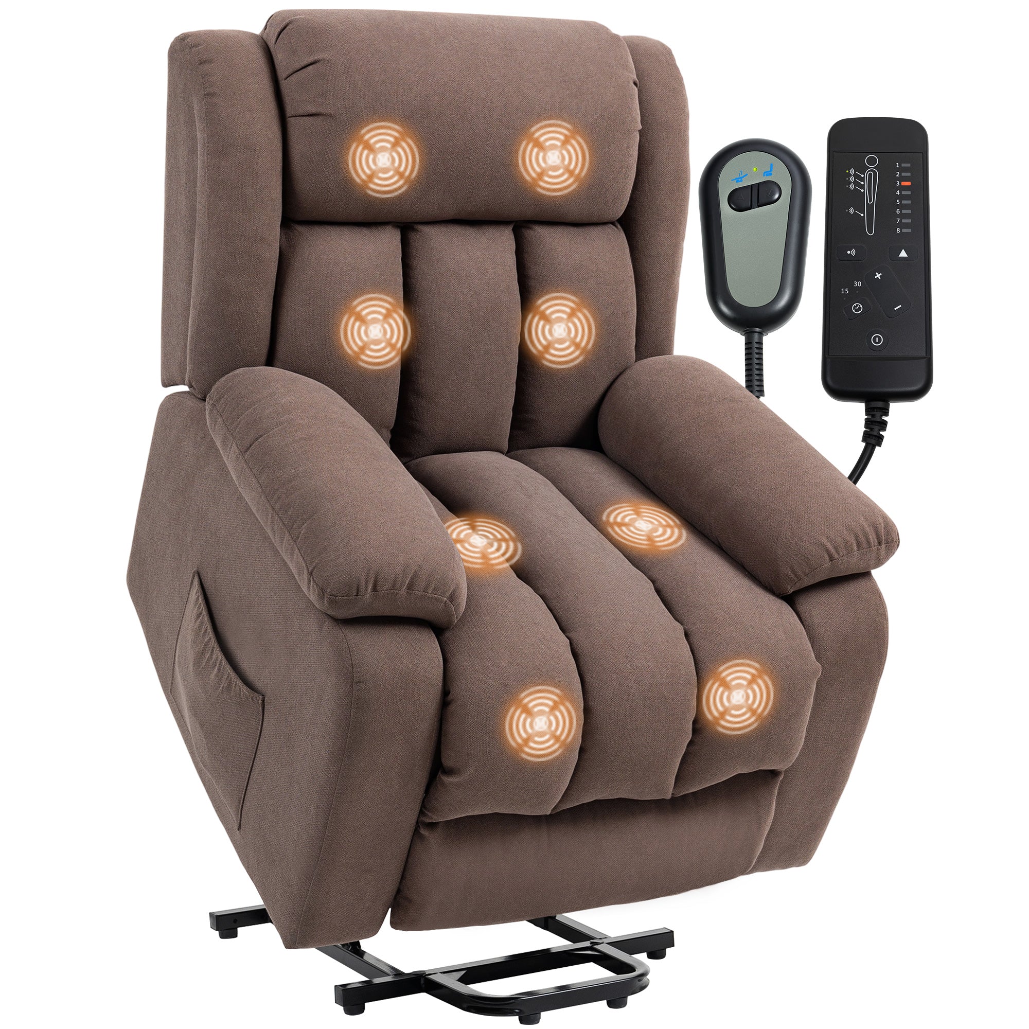 Power Lift Recliner Chair with Massage, Linen Overstuffed Lift Chair for Elderly, Electric Recliner Armchair with Footrest, Remote Control and Side Pocket, for Living Room, Dark Brown