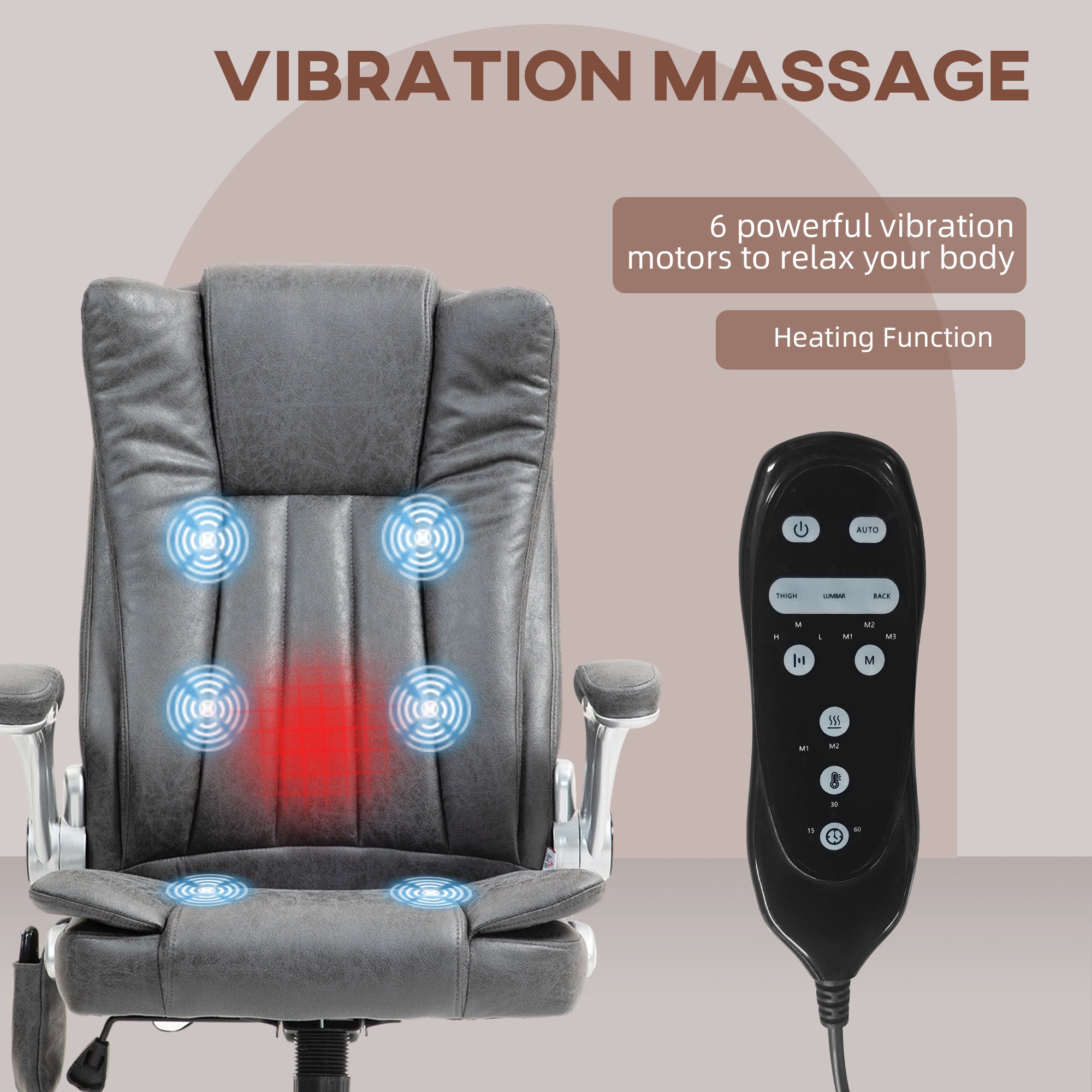 6-Point Vibration Massage Office Chair w/ Heat, Flip up Armrest & Swivel Wheels, Gray