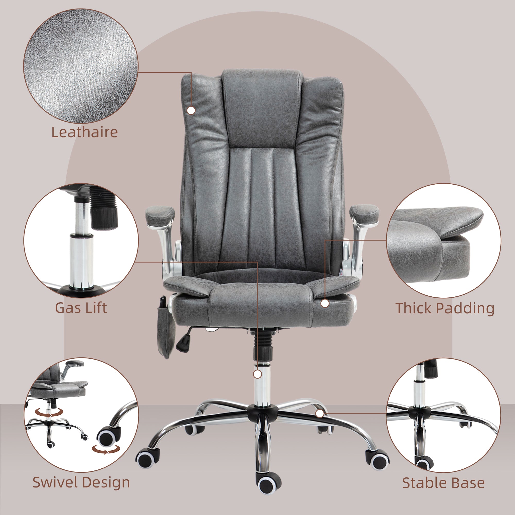 6-Point Vibration Massage Office Chair w/ Heat, Flip up Armrest & Swivel Wheels, Gray
