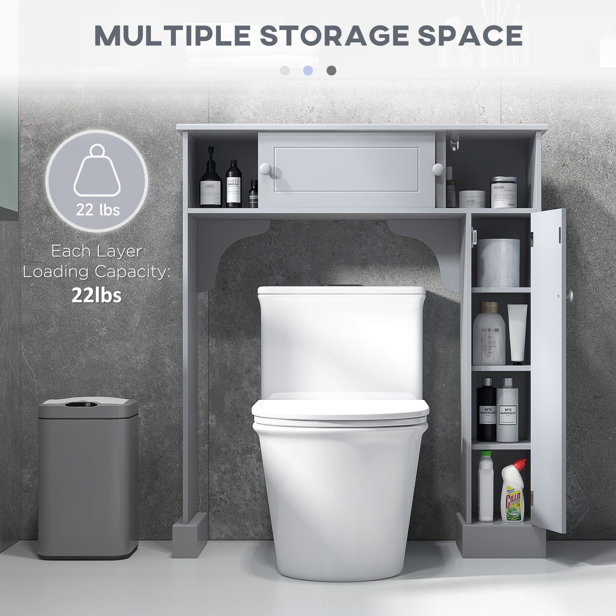 Over Toilet Bathroom Organizer, Freestanding Storage Cabinet with Adjustable Shelves, Gray