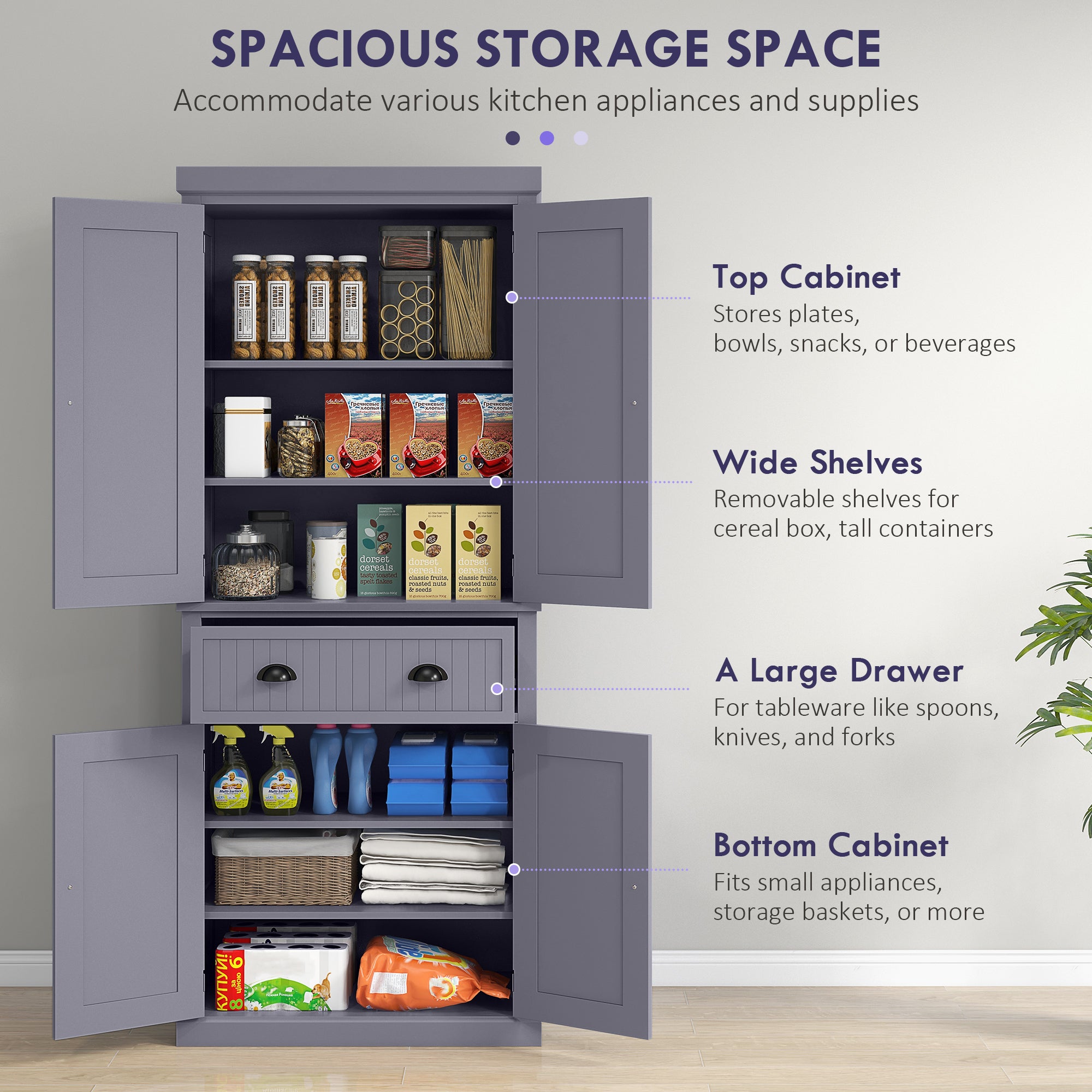 72" Kitchen Pantry Storage Cabinet Cupboard w/ 4 Doors & 3 Adjustable Shelves, Navy Blue