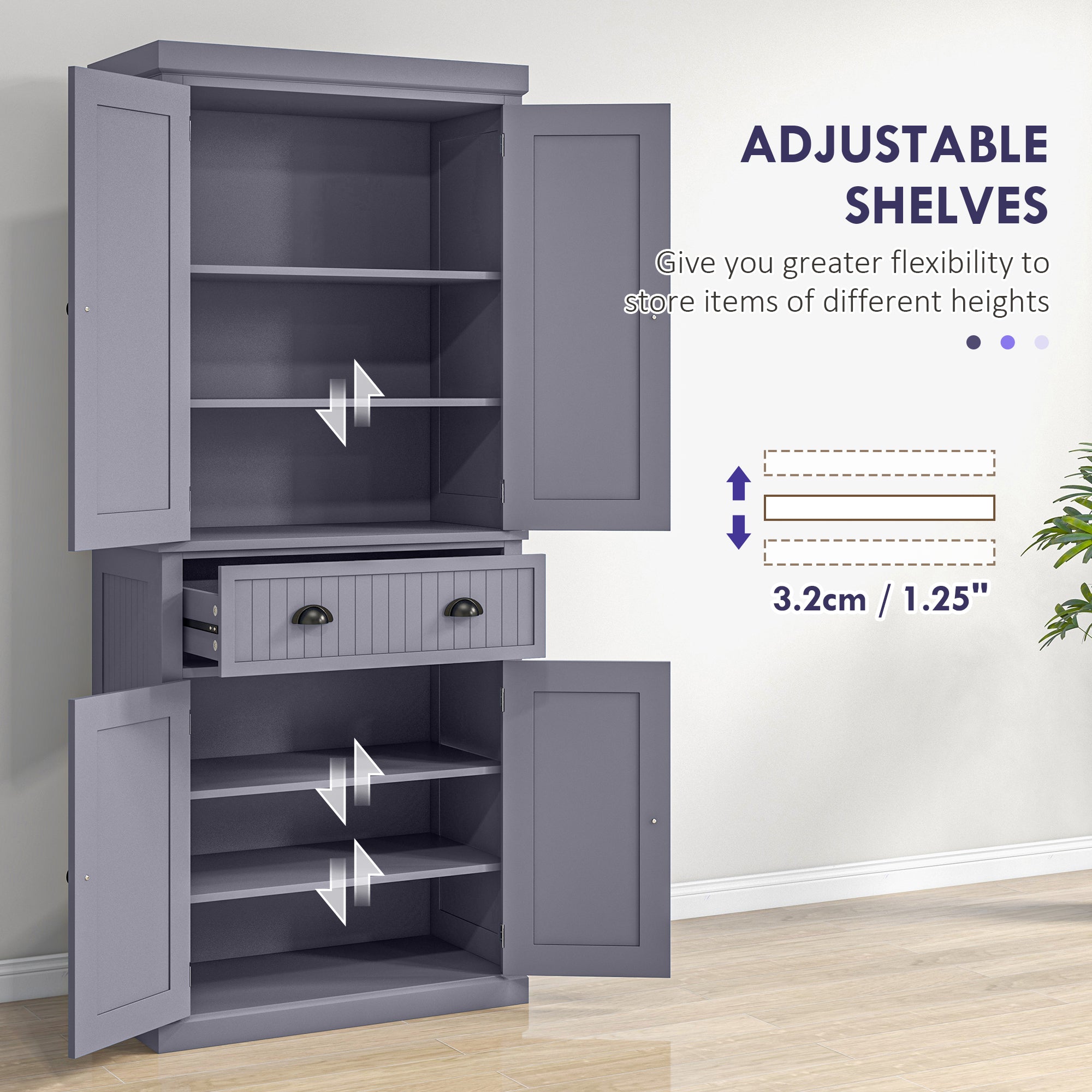 72" Kitchen Pantry Storage Cabinet Cupboard w/ 4 Doors & 3 Adjustable Shelves, Navy Blue