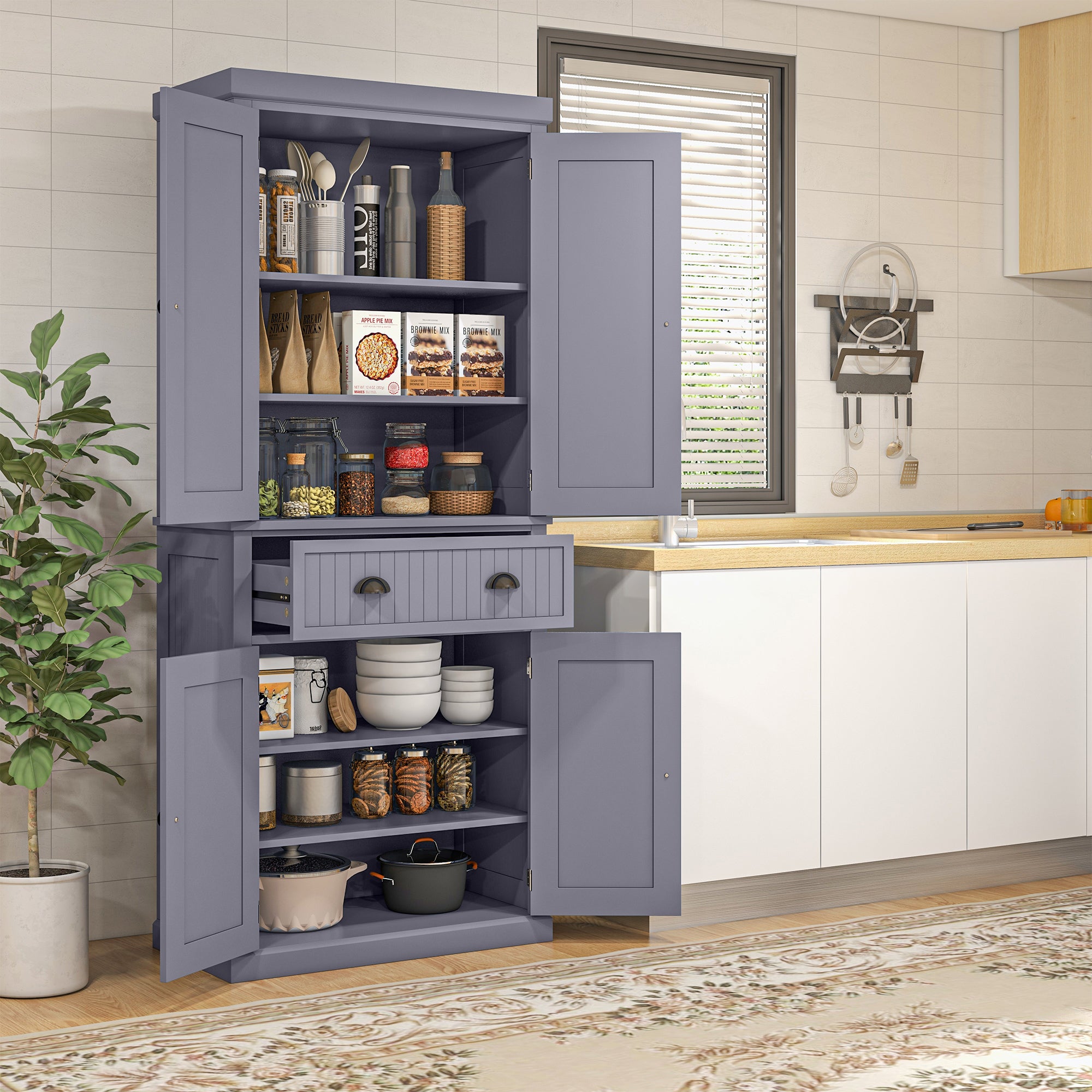 72" Kitchen Pantry Storage Cabinet Cupboard w/ 4 Doors & 3 Adjustable Shelves, Navy Blue