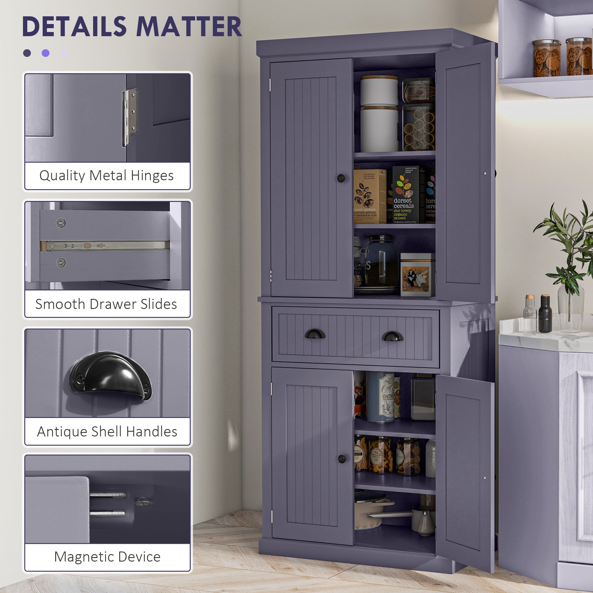 72" Kitchen Pantry Storage Cabinet Cupboard w/ 4 Doors & 3 Adjustable Shelves, Navy Blue