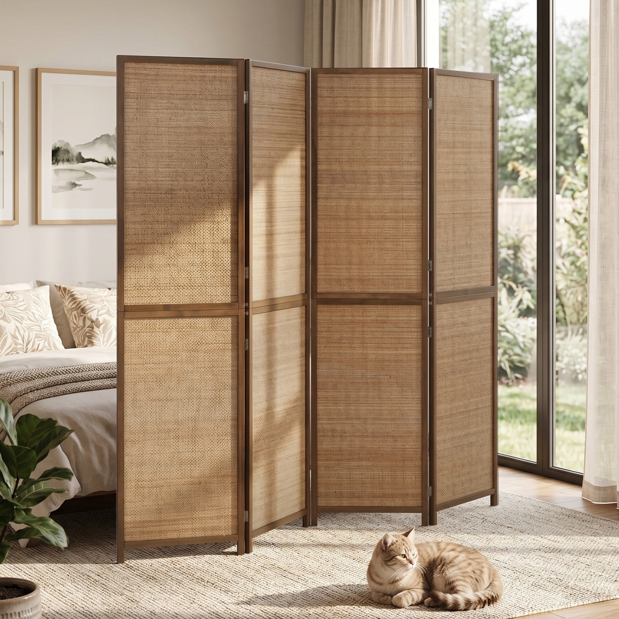 Room Divider, 6 FT Tall Folding Privacy Screen, 4 Panel Hand-Woven Bamboo Wall Partition for Room Separation, Portable Boho Freestanding Wall Divider for Bedroom, Home Office, Brown