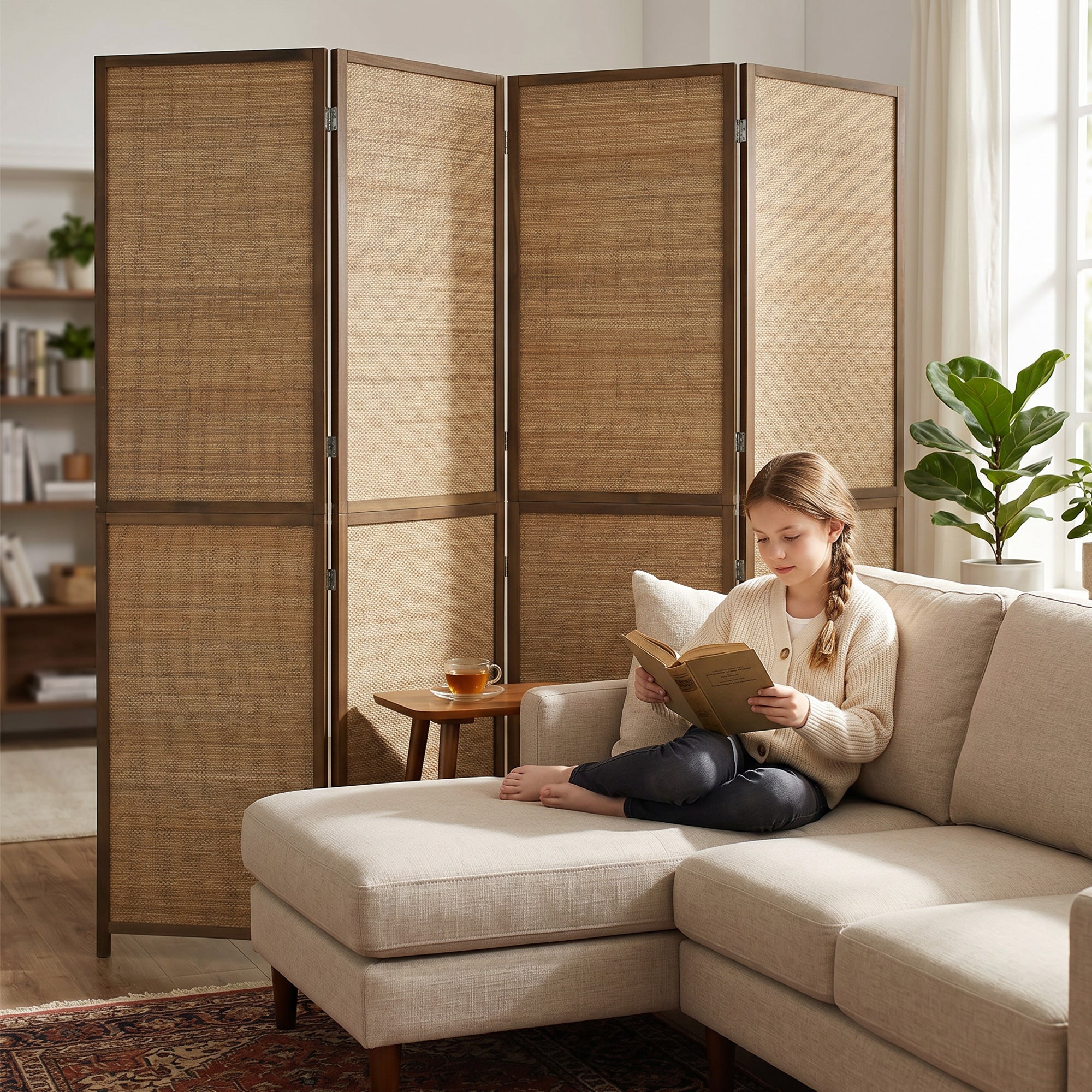 Room Divider, 6 FT Tall Folding Privacy Screen, 4 Panel Hand-Woven Bamboo Wall Partition for Room Separation, Portable Boho Freestanding Wall Divider for Bedroom, Home Office, Brown