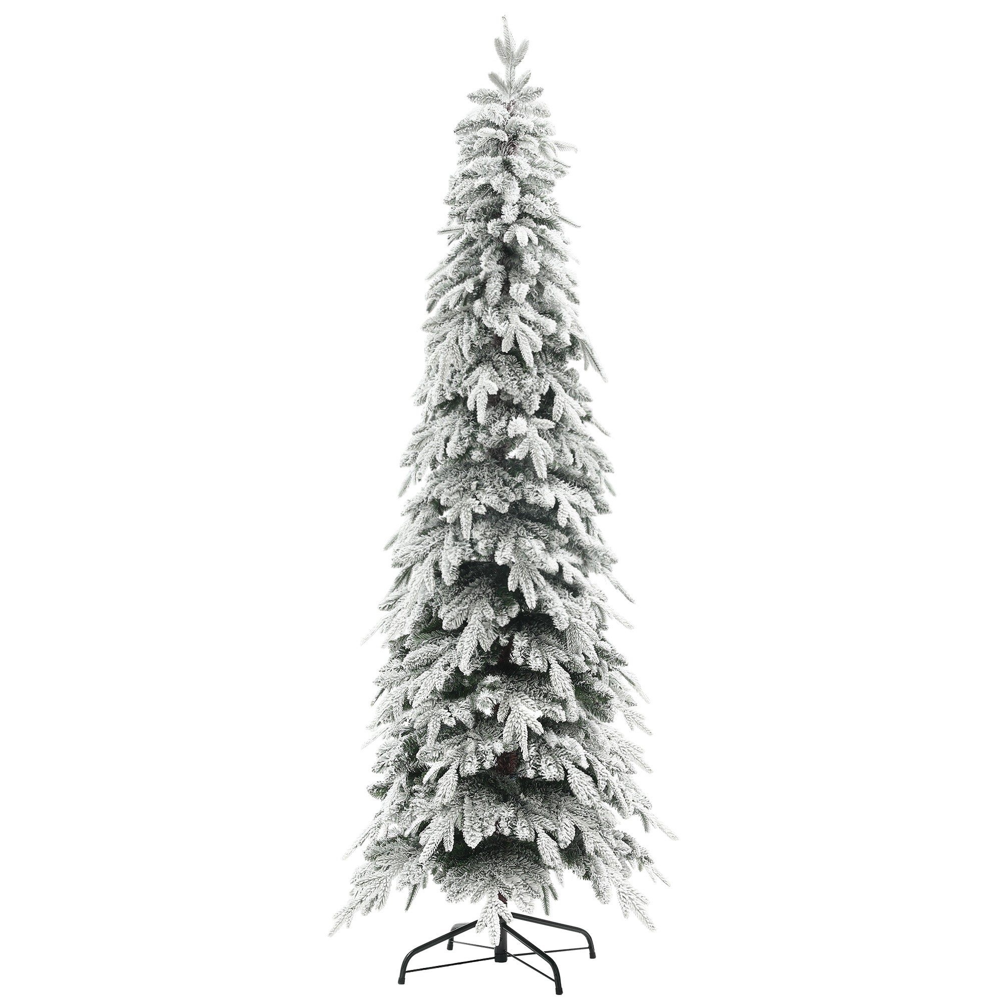 7ft Pencil Artificial Christmas Tree, Snow Flocked Xmas Tree with Downswept Branches and 800 Tips, Auto Open, Steel Base, Holiday Decoration for Home Office, Green