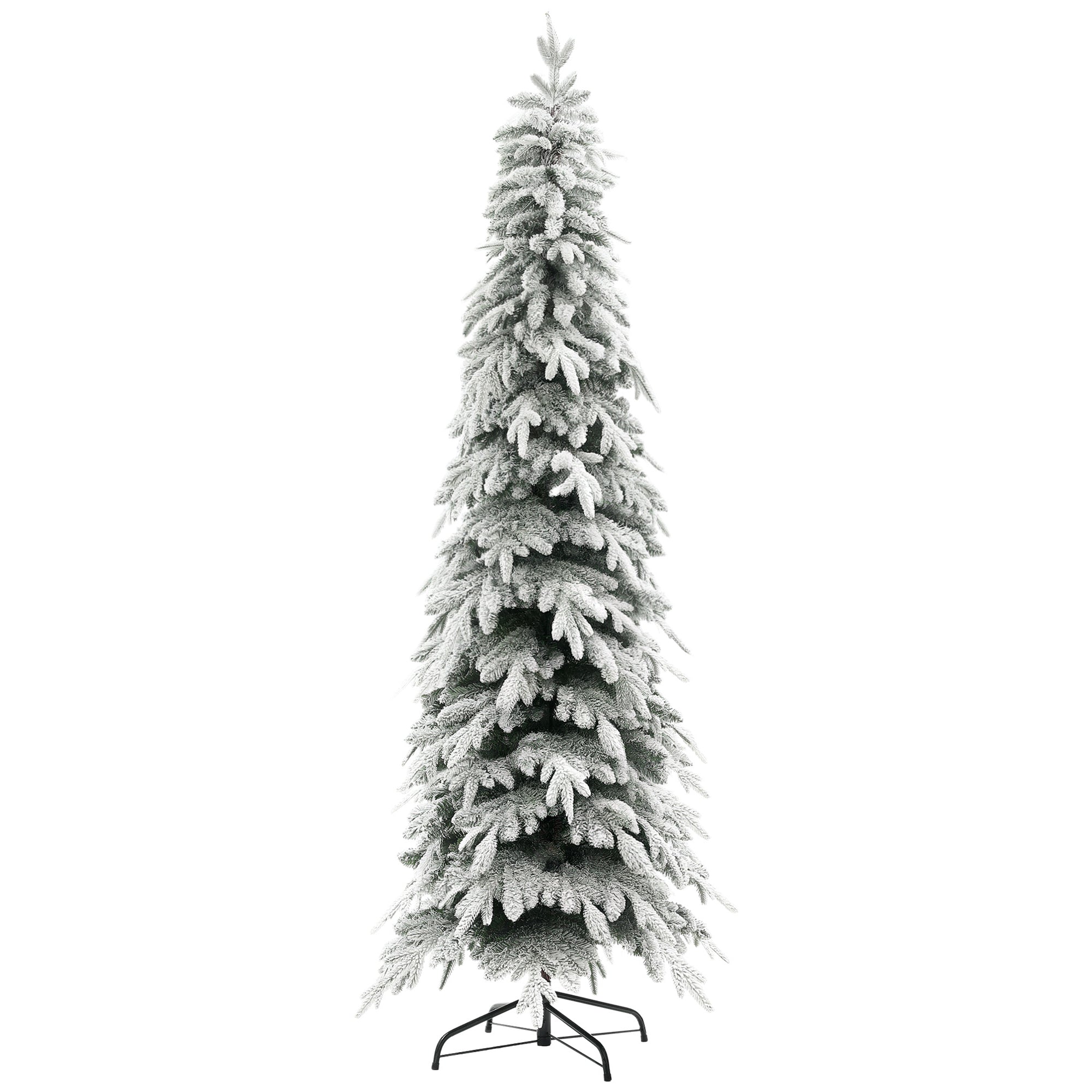 7ft Pencil Artificial Christmas Tree, Snow Flocked Xmas Tree with Downswept Branches and 800 Tips, Auto Open, Steel Base, Holiday Decoration for Home Office, Green