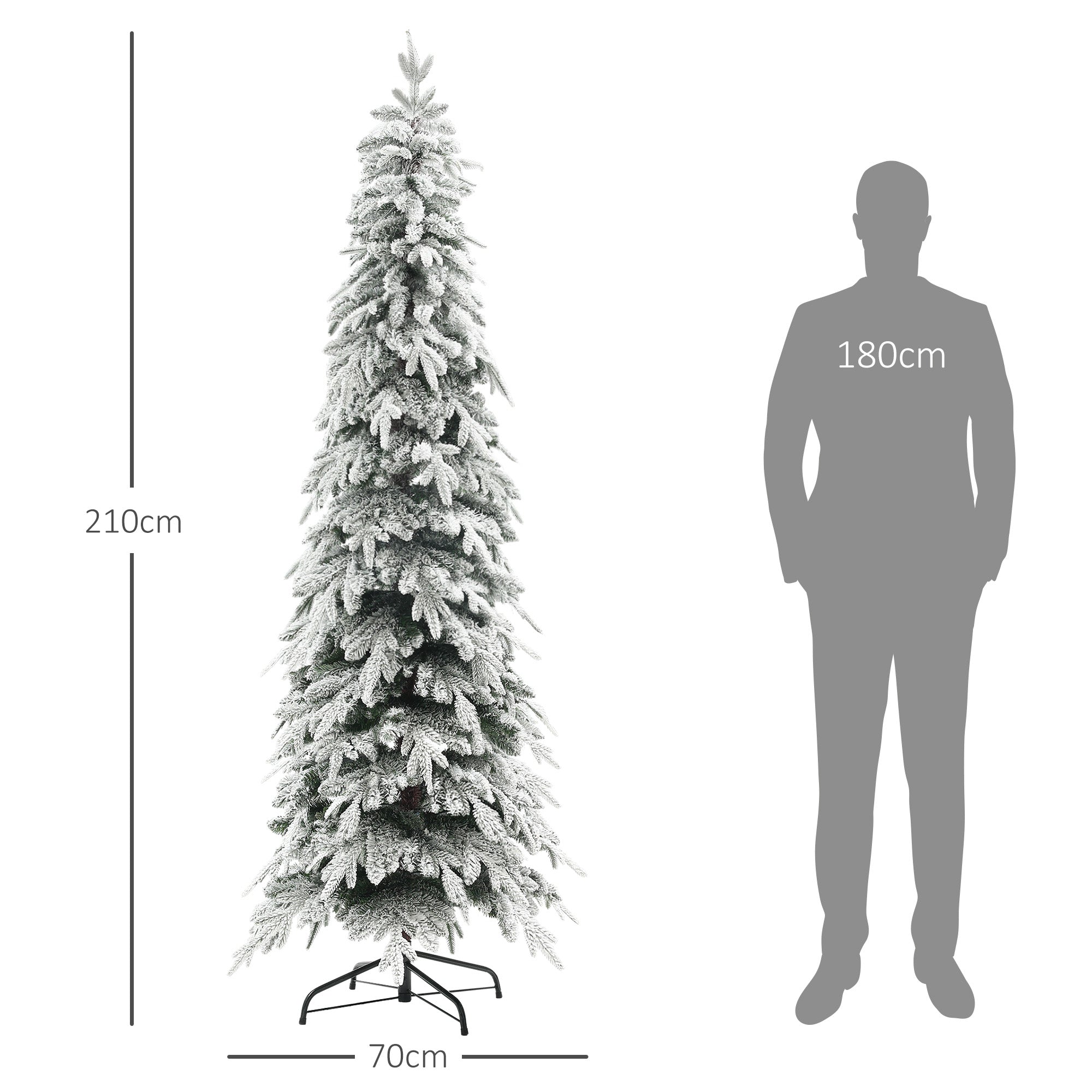 7ft Pencil Artificial Christmas Tree, Snow Flocked Xmas Tree with Downswept Branches and 800 Tips, Auto Open, Steel Base, Holiday Decoration for Home Office, Green