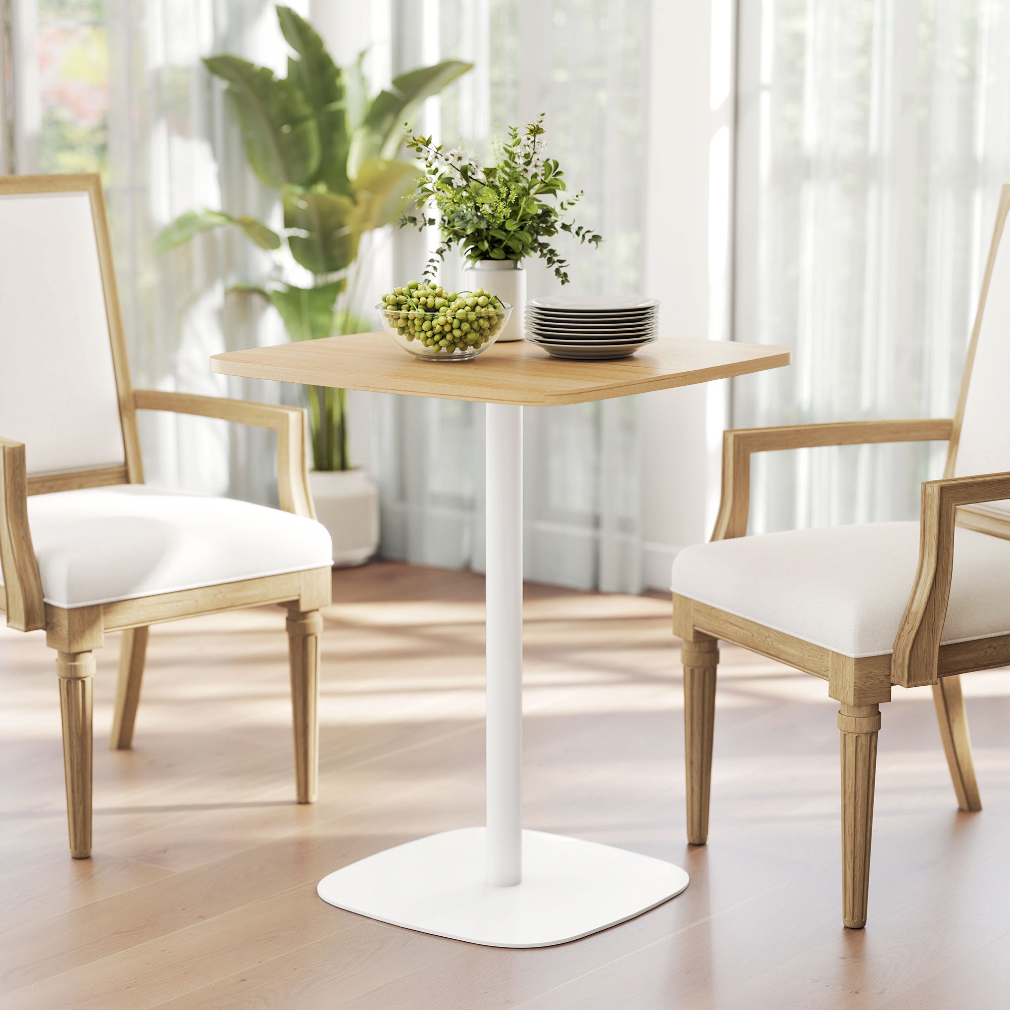 Small Dining Table, 60 cm Square Kitchen Table with Wood Veneer Top, Square Steel Pedestal Base and Anti-slip Foot Pads for Living Room, Dining Room, Natural Wood Finish