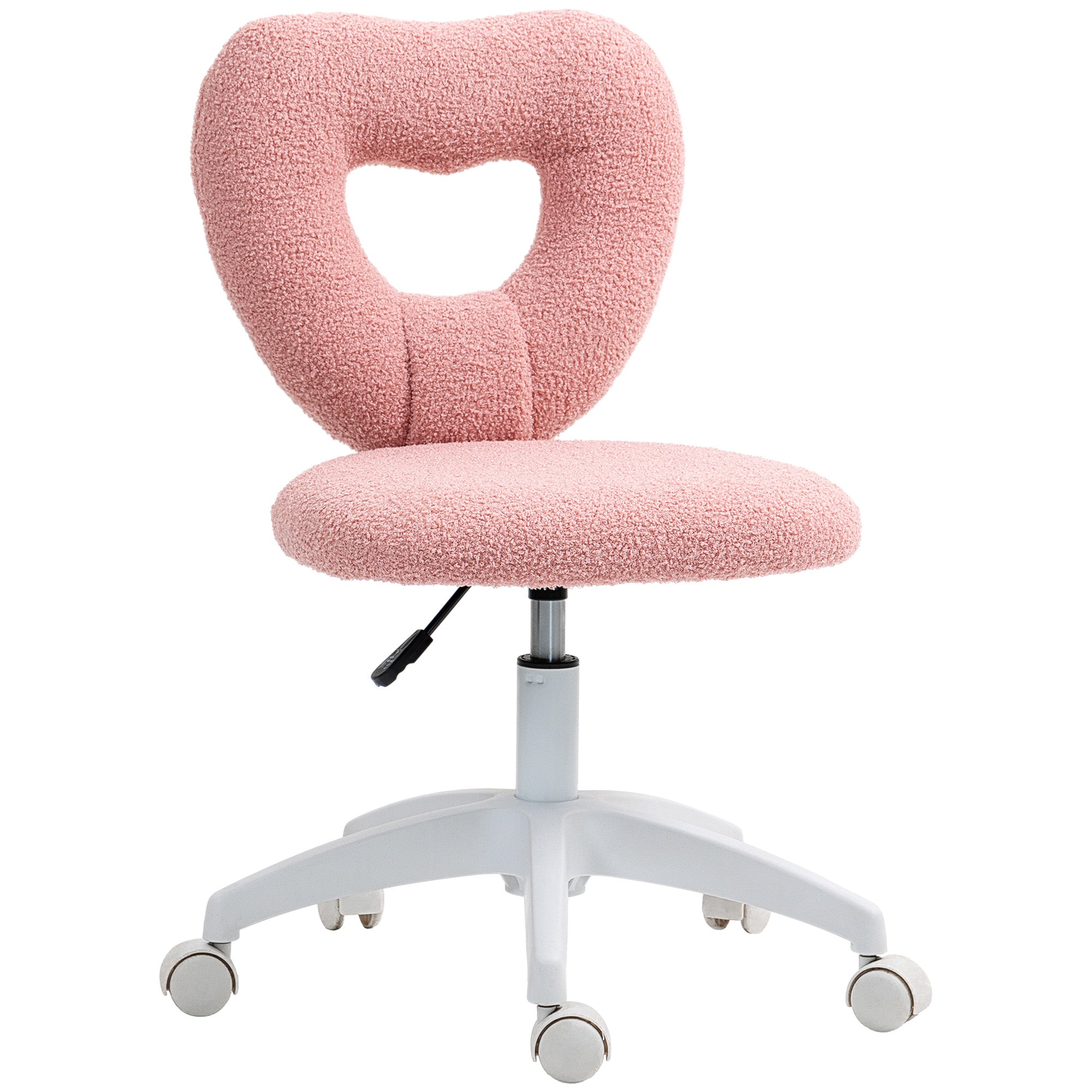 HOMCOM Armless Home Office Desk Chair, Height Adjustable Computer Task Chair, Modern Teddy Fleece Heart Makeup Vanity Chair with Swivel Wheels, Pink