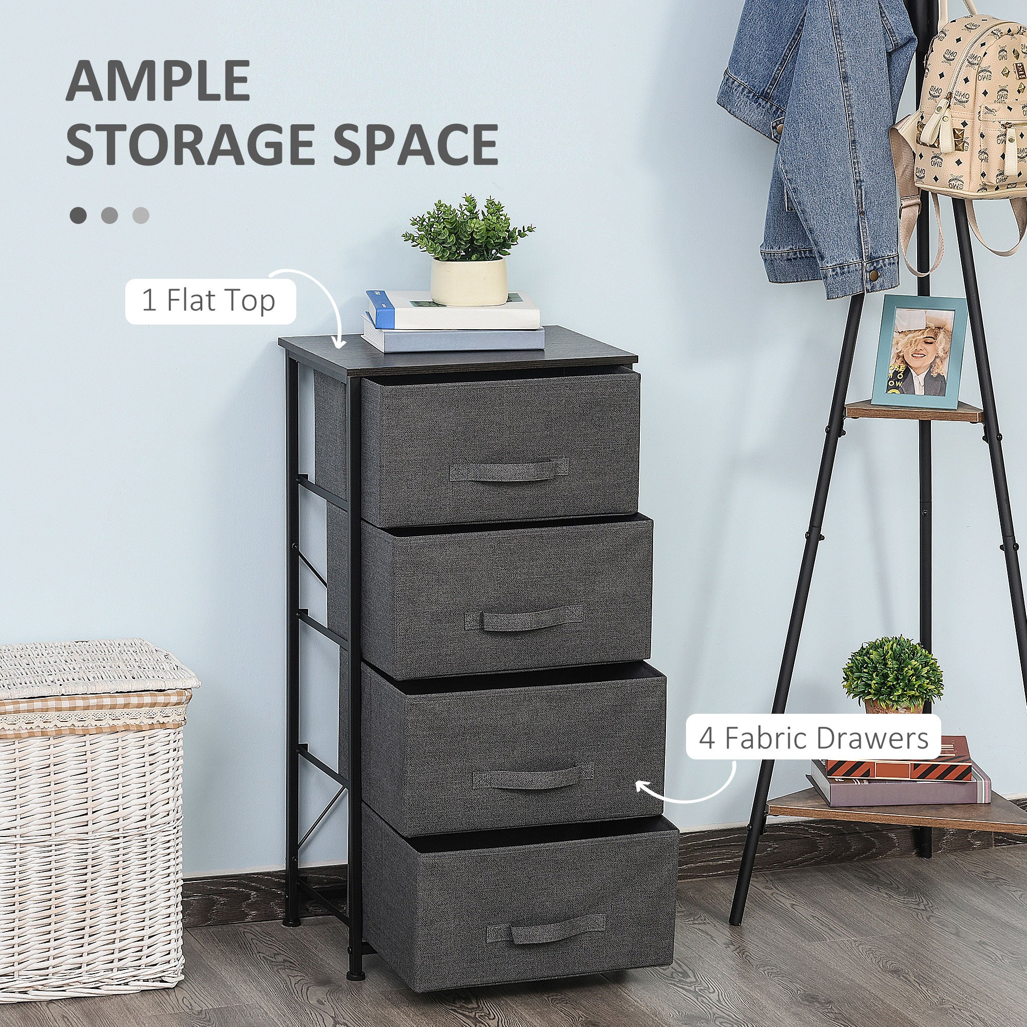 Linen Drawer Cabinet Organizer Storage Dresser Tower with 4 Removable Drawer Metal Frame Adjustable Feet for Living Room, Kitchen, Bathroom, Black