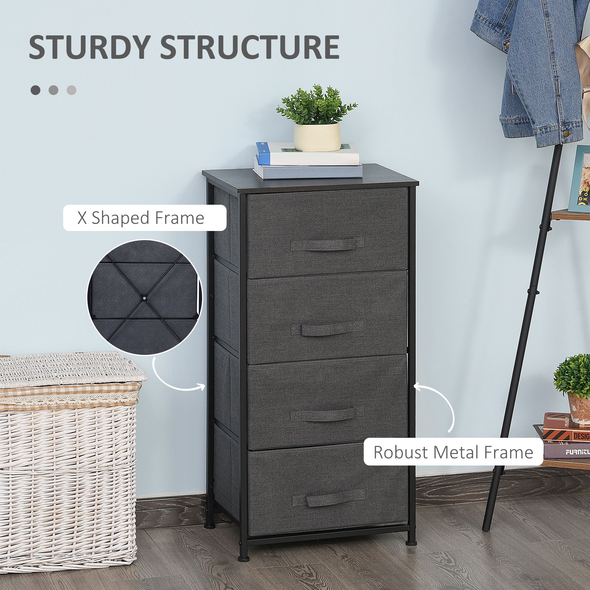 Linen Drawer Cabinet Organizer Storage Dresser Tower with 4 Removable Drawer Metal Frame Adjustable Feet for Living Room, Kitchen, Bathroom, Black