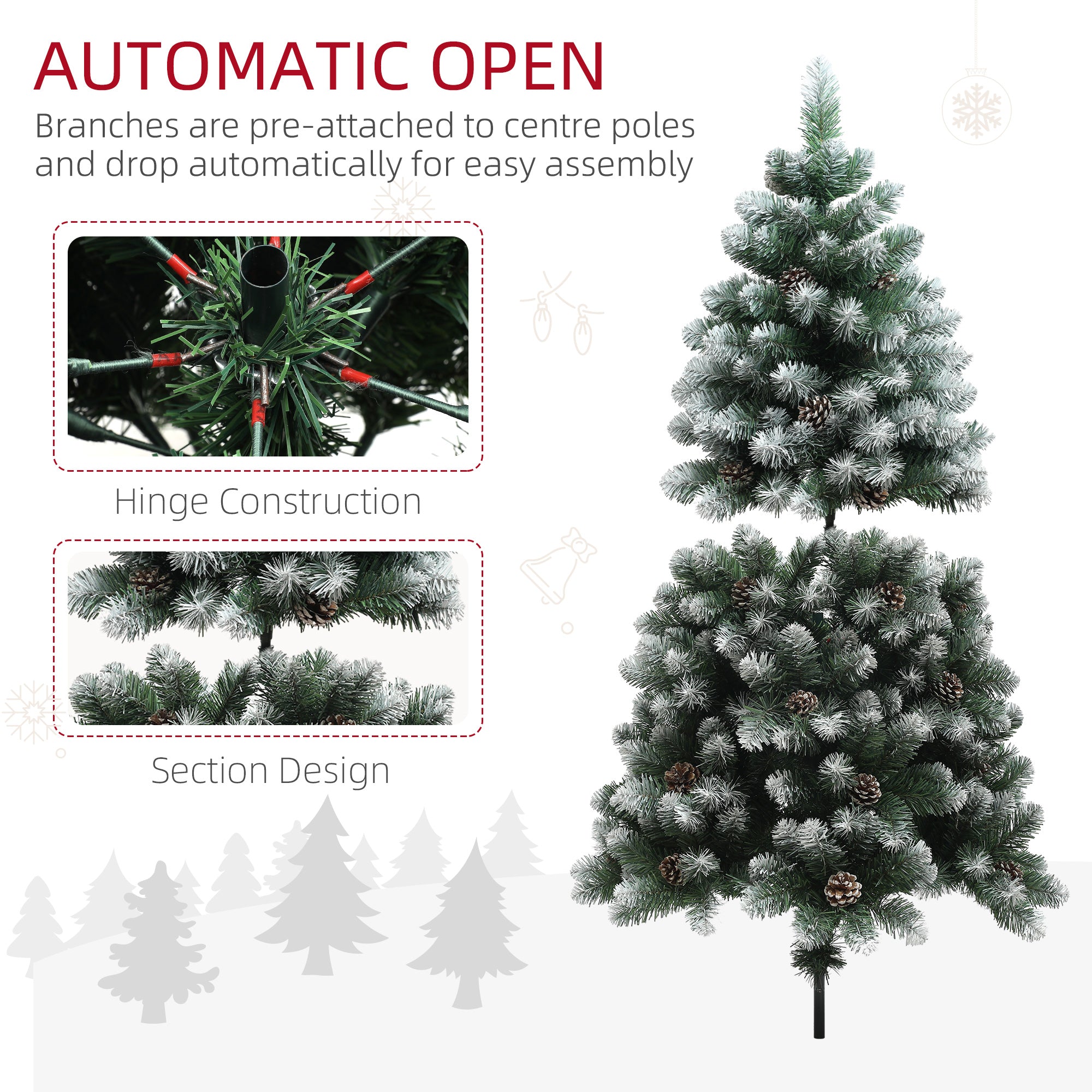 HOMCOM 5ft Artificial Pine Christmas Tree with 489 Branch Tips and Steel Base, Realistic Hinged Tree with Pinecones, Holiday Décor for Home Office, Green