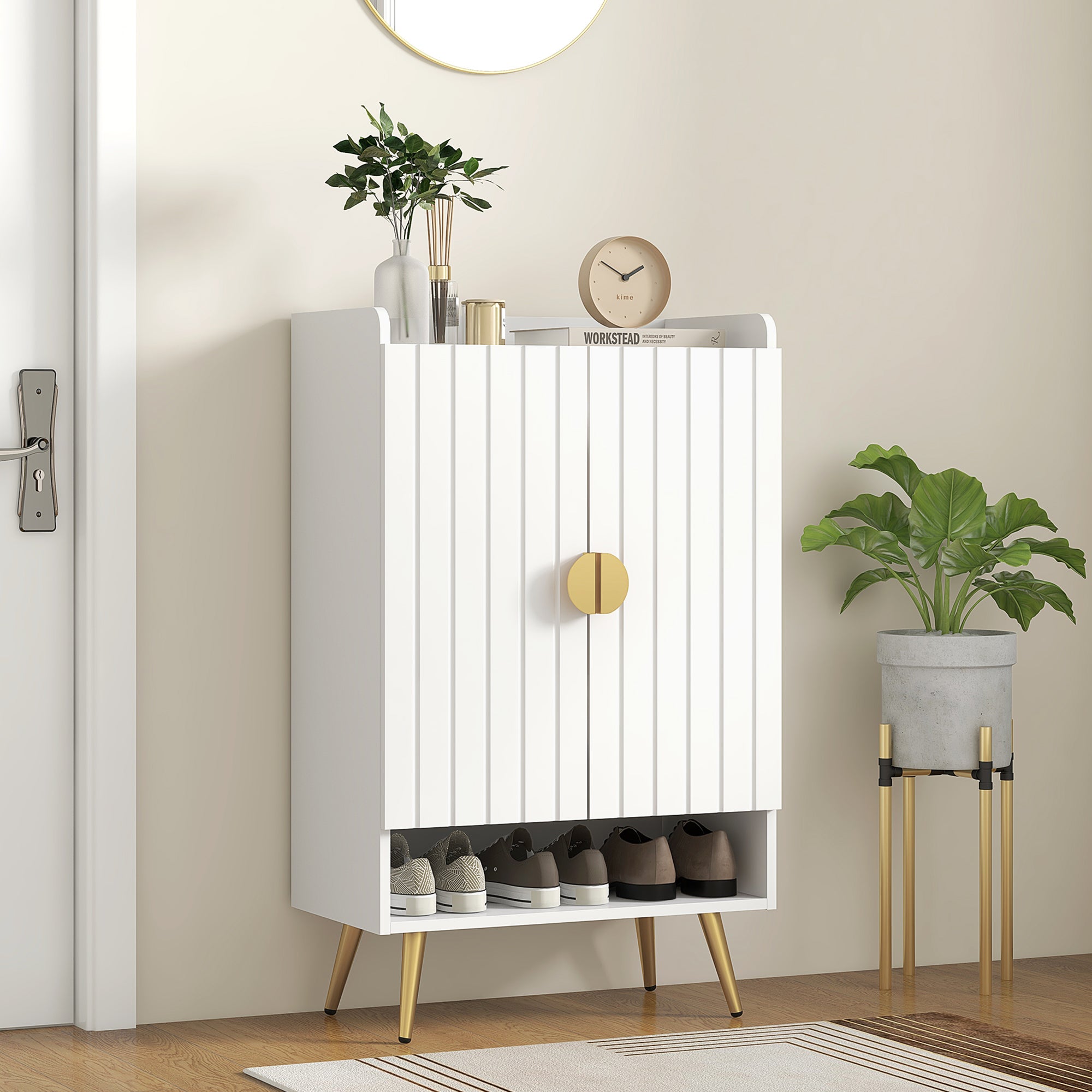 HOMCOM Narrow Shoe Cabinet for Entryway Shoe Storage Cabinet with 2 Doors, Adjustable Shelves and Open Shelf for 15 Pairs of Shoes, White