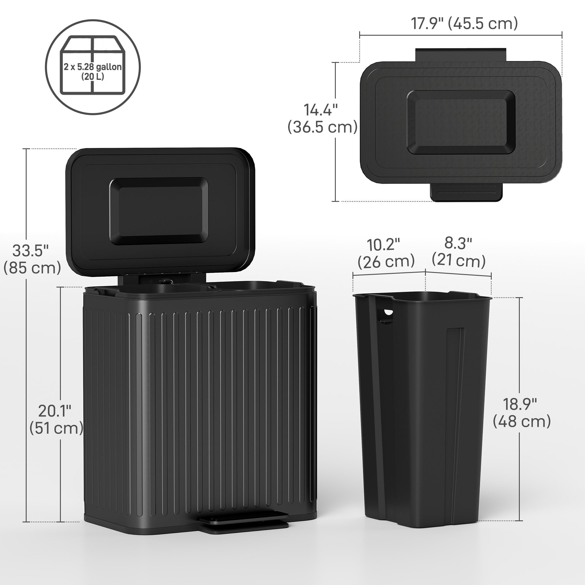 Trash Can, 2 x 5.3 Gallon (2 x 20 L) Garbage Can with Soft-Close Lid, Foot Pedal, Removable Inner Buckets, Fingerprint-Proof, Garbage Bin for Kitchen Home Office, Black