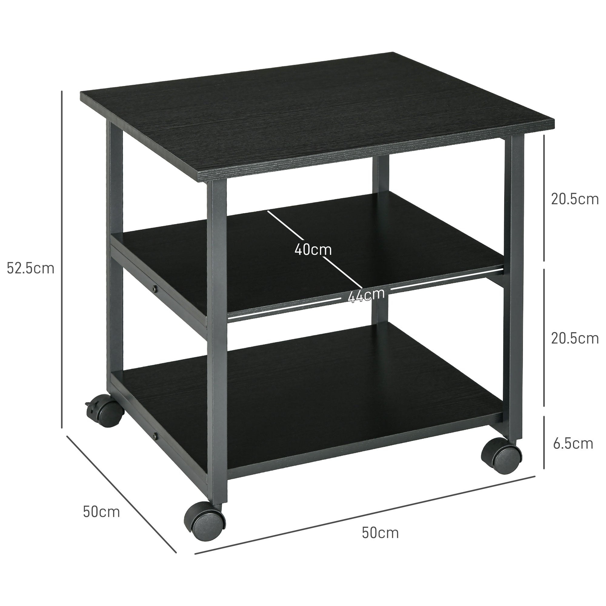HOMCOM 3-Tier Printer Stand with Storage Shelf, Mobile Printer Table on Wheels, 50 x 50 x 52.5cm Rolling Printer Cart for Home Office, Black