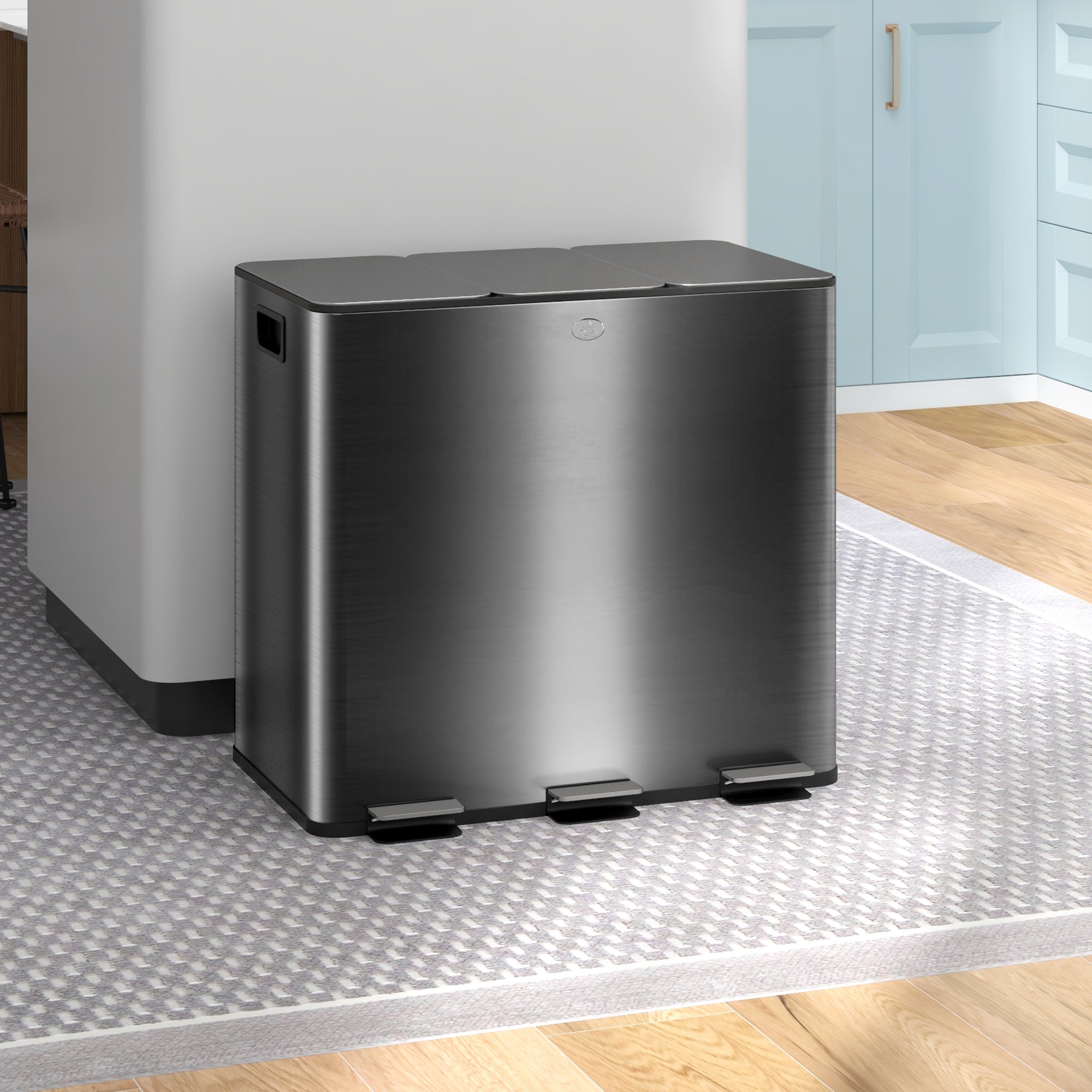 HOMCOM 45L Kitchen Bin, Stainless Steel Pedal Bin with 3 Compartments, Soft Close Lid, Removable Inner Buckets, Fingerprint-Proof for Recycling and Waste, 3 x 15L, Black