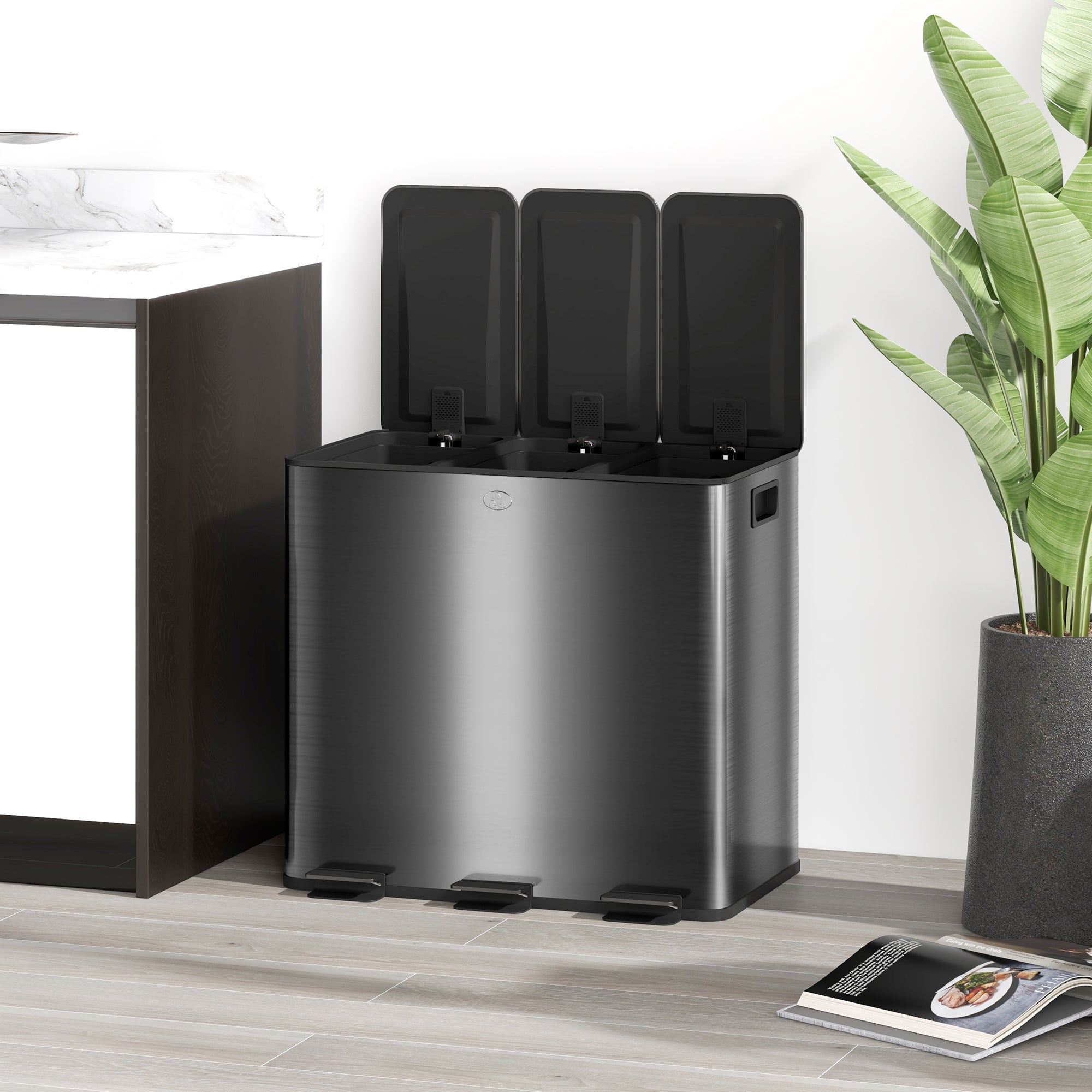 HOMCOM 45L Kitchen Bin, Stainless Steel Pedal Bin with 3 Compartments, Soft Close Lid, Removable Inner Buckets, Fingerprint-Proof for Recycling and Waste, 3 x 15L, Black