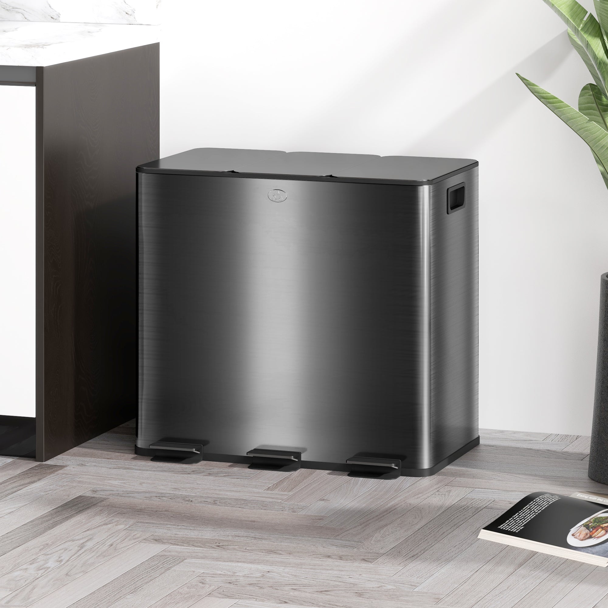 HOMCOM 45L Kitchen Bin, Stainless Steel Pedal Bin with 3 Compartments, Soft Close Lid, Removable Inner Buckets, Fingerprint-Proof for Recycling and Waste, 3 x 15L, Black