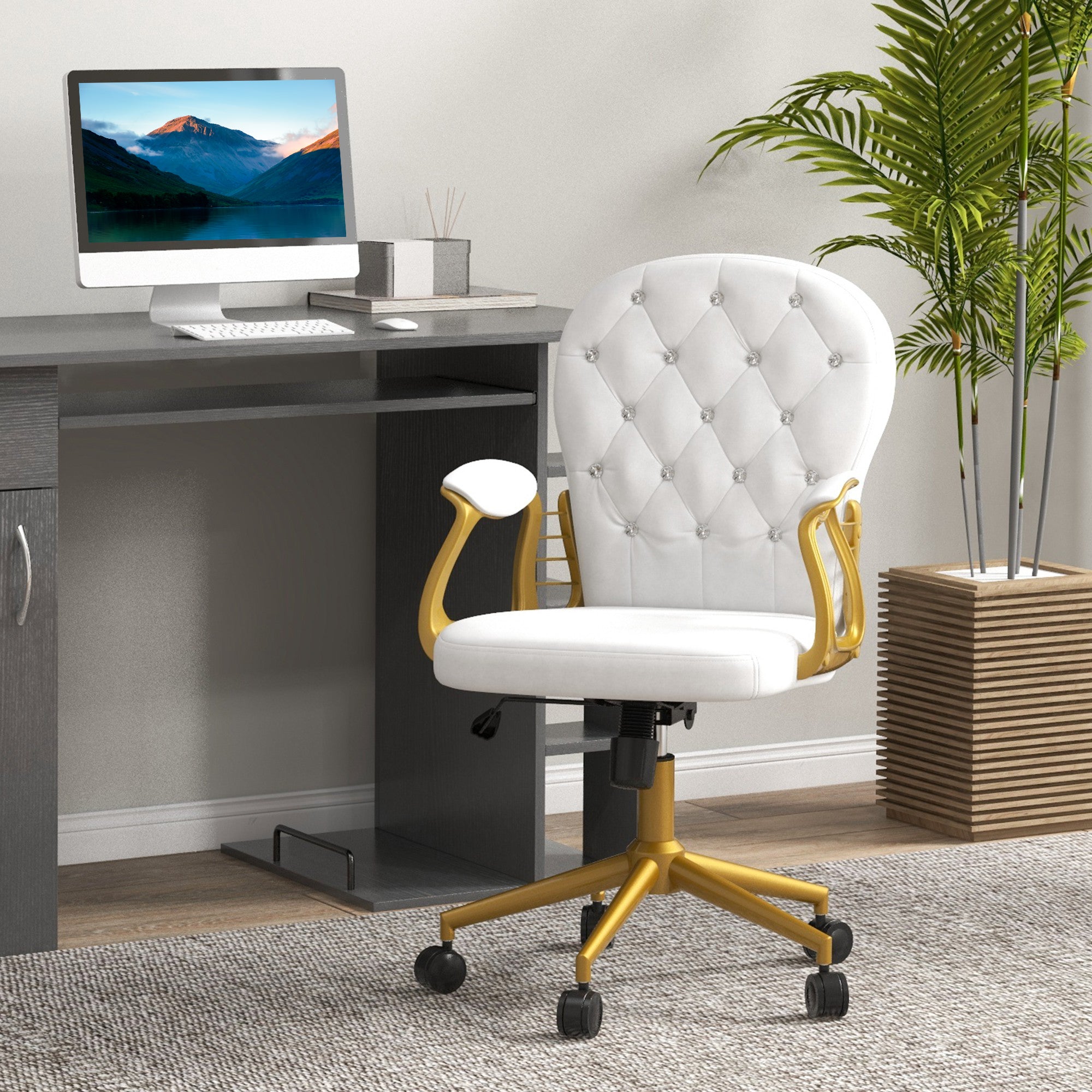 Vinsetto Office Chair, Swivel Desk Chair, Velvet Vanity Chair with Adjustable Height and Rolling Wheels for Home Work Study, Cream White