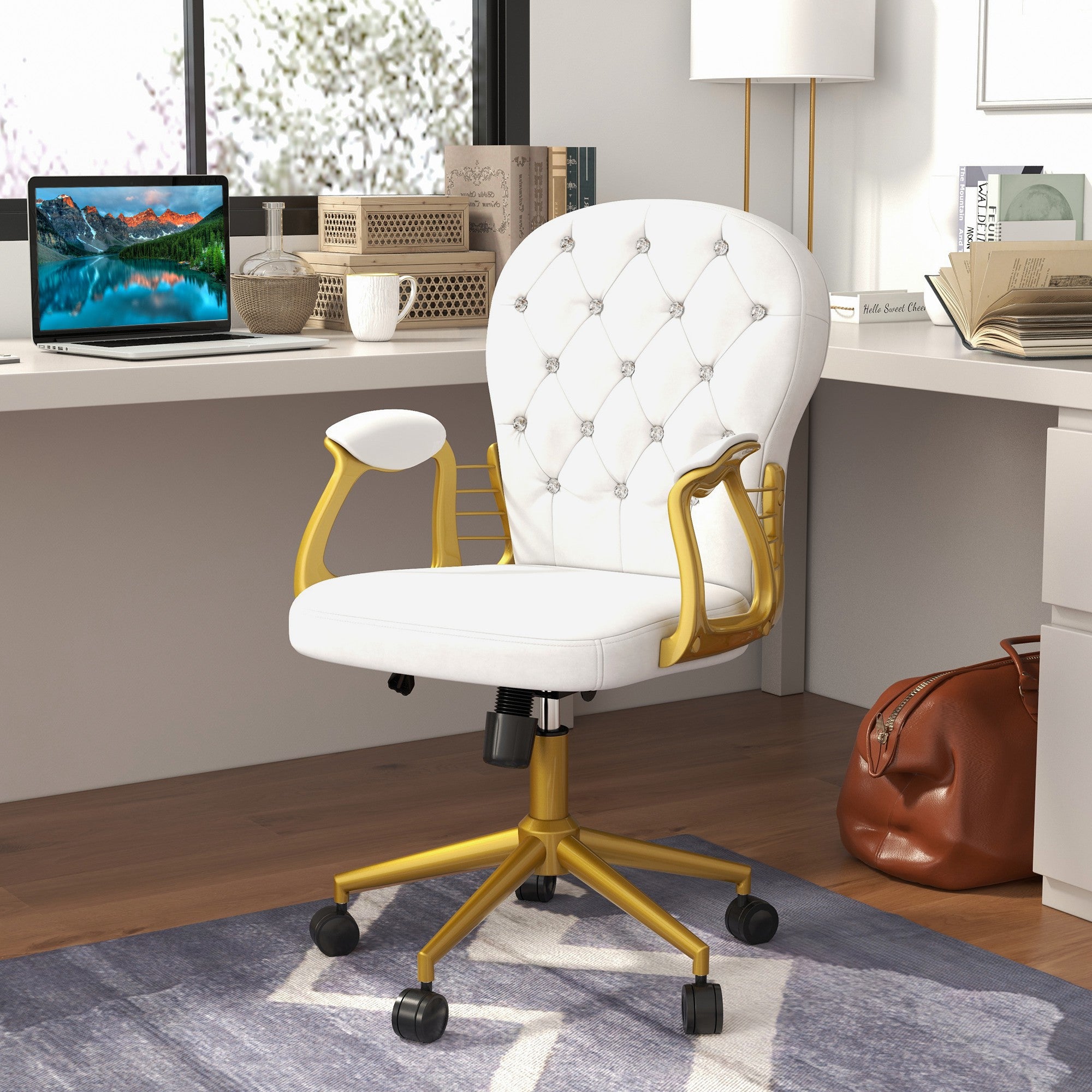 Vinsetto Office Chair, Swivel Desk Chair, Velvet Vanity Chair with Adjustable Height and Rolling Wheels for Home Work Study, Cream White