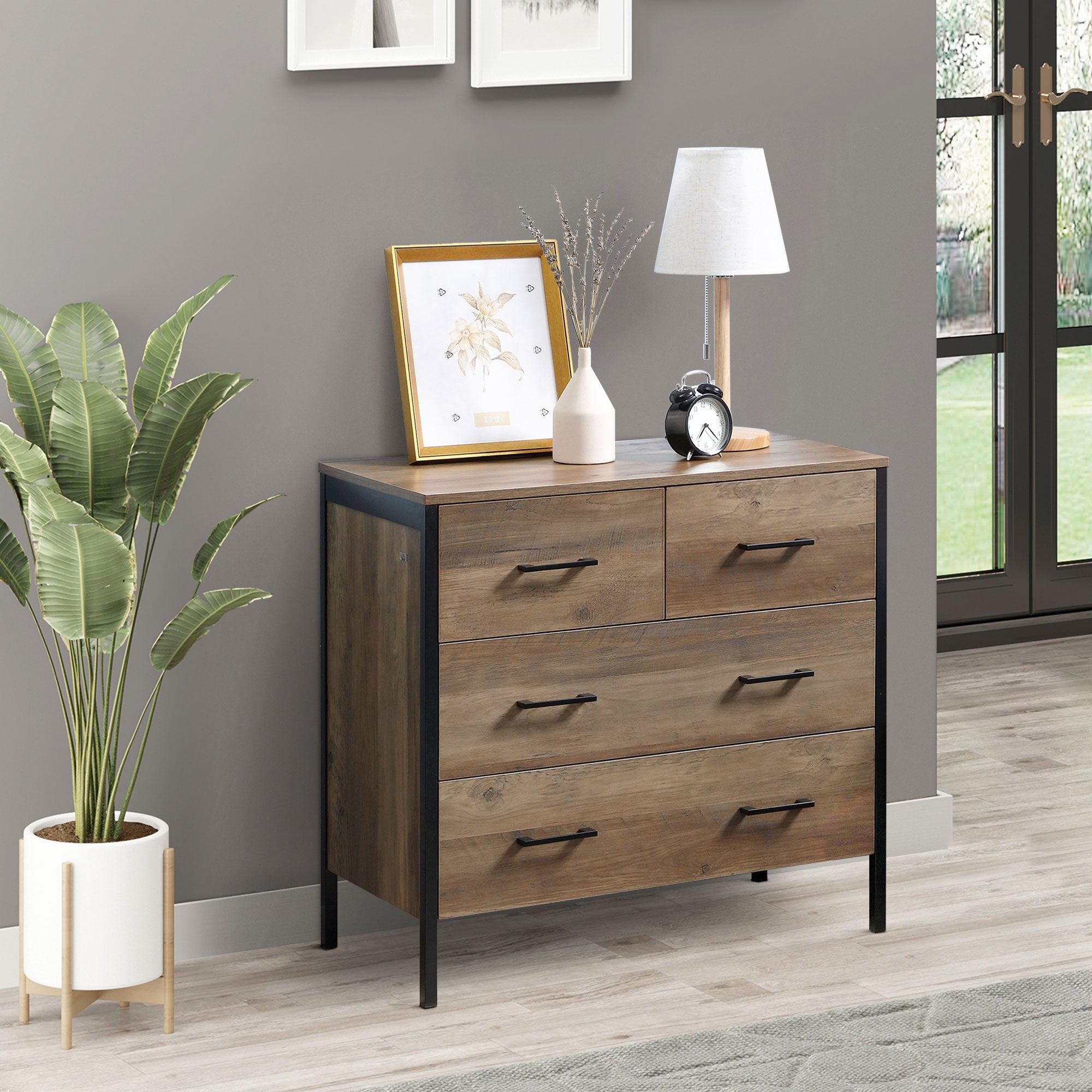 HOMCOM 4 Drawer Dresser, Chest of Drawers with Metal Frame and Handles for Bedroom, Brown