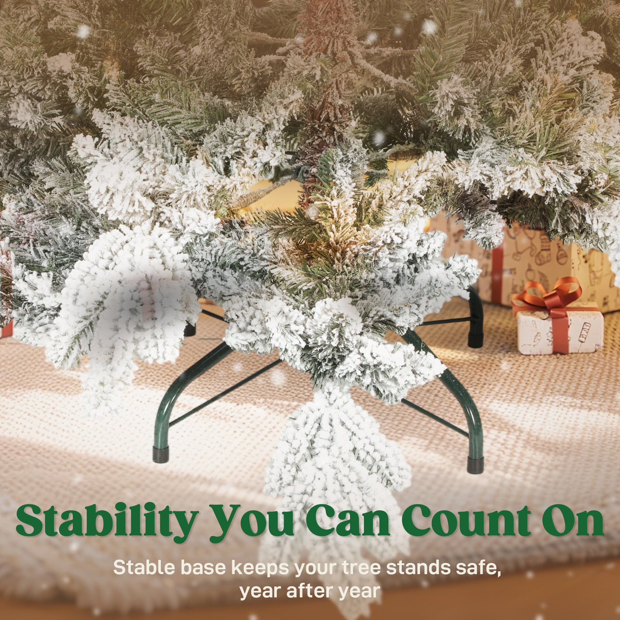 5ft Artificial Christmas Tree, Snow Flocked Christmas Tree with Realistic Dense Branches, Hinged Design, Metal Stand, Wide Shape, Easy Assembly, Xmas Home Decoration, Green White