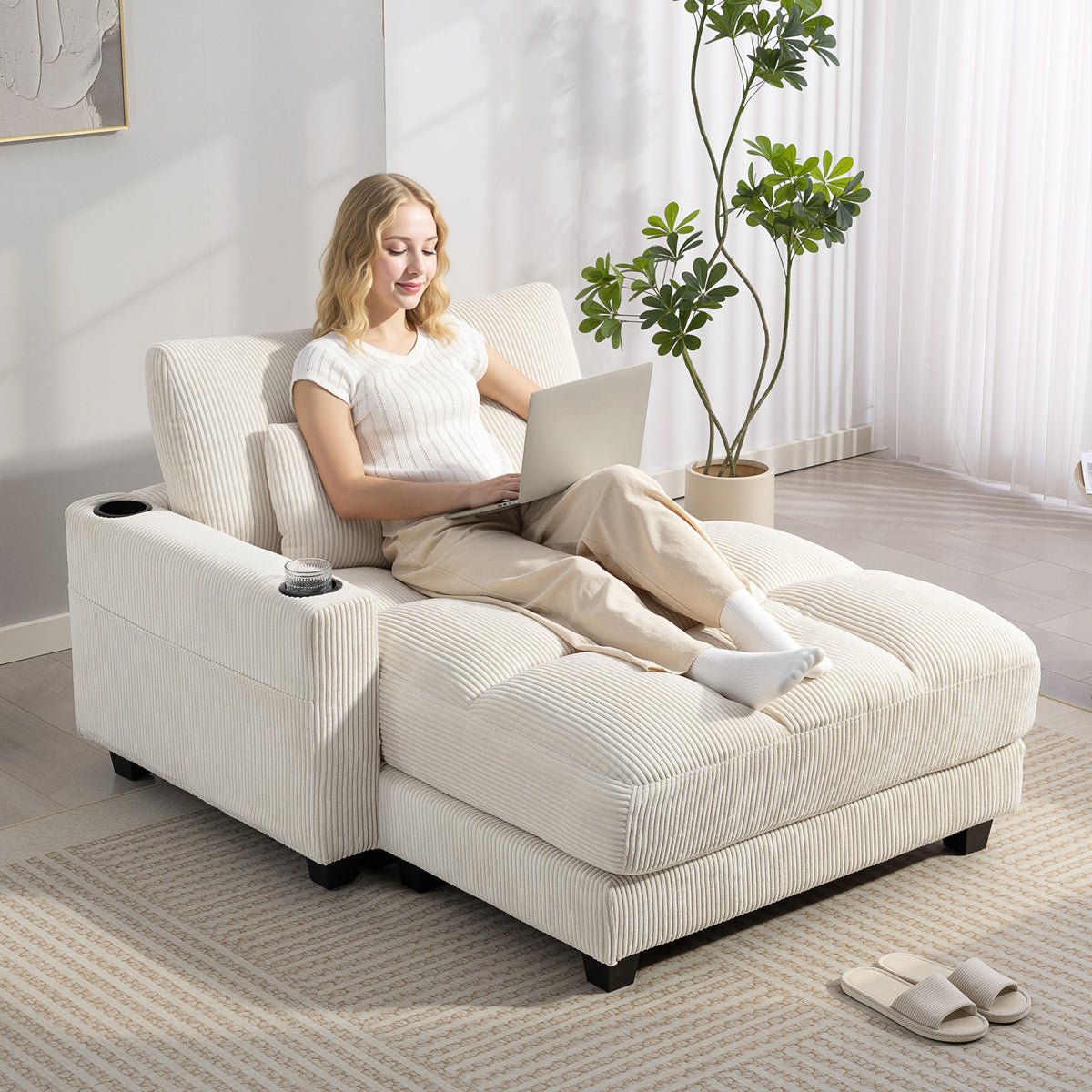58" Chaise Lounge Chair Indoor, Oversized Corduroy Upholstered Sofa Bed, 2 Cup Holders, Pillow, Deep Seat Sleeper Couch Reading Chair for Living Room, Bedroom, Cream White